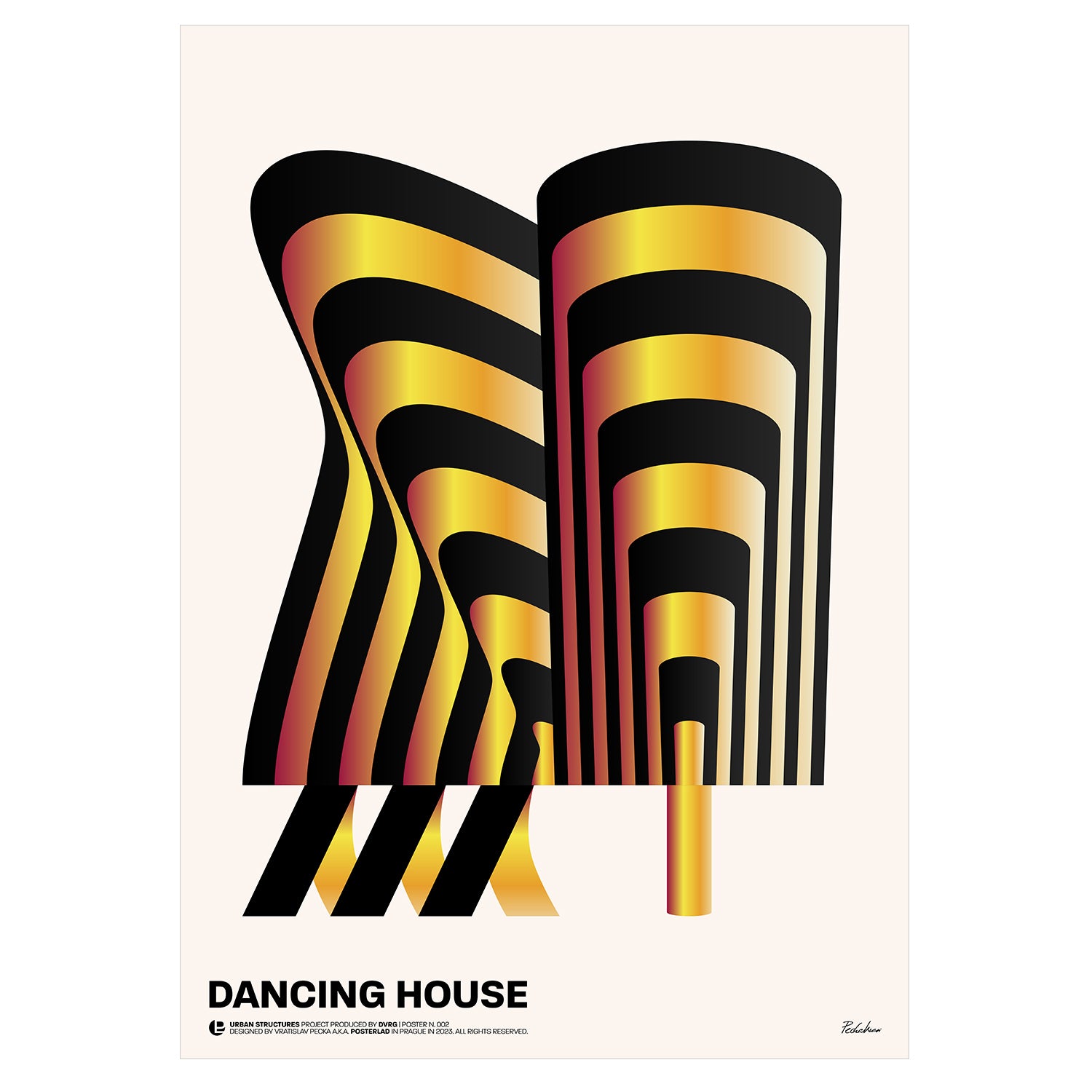 The Dancing House poster featuring Prague's iconic deconstructivist architectural landmark, capturing the fluid, twisting structures resembling dancers in motion