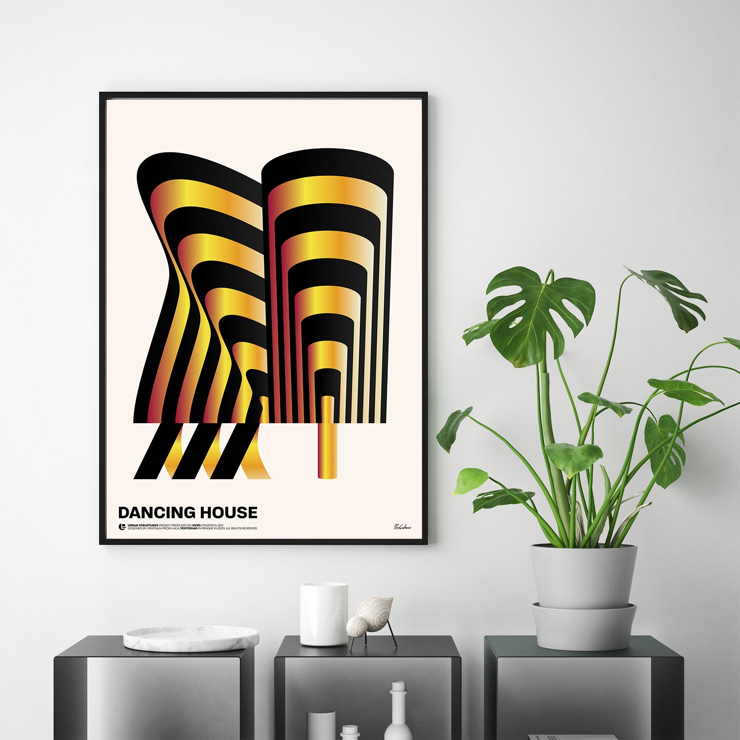 Museum-quality print of the Dancing House, designed by Frank Gehry and Vlado Milunić, blending modernity with classical architecture in Prague's historical city center