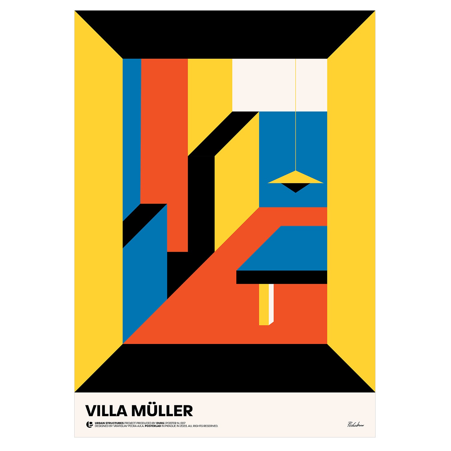 Villa Müller poster featuring modernist architectural masterpiece by Adolf Loos, showcasing clean lines, minimalist facade, large windows, and asymmetrical layout, capturing timeless beauty and thoughtful design