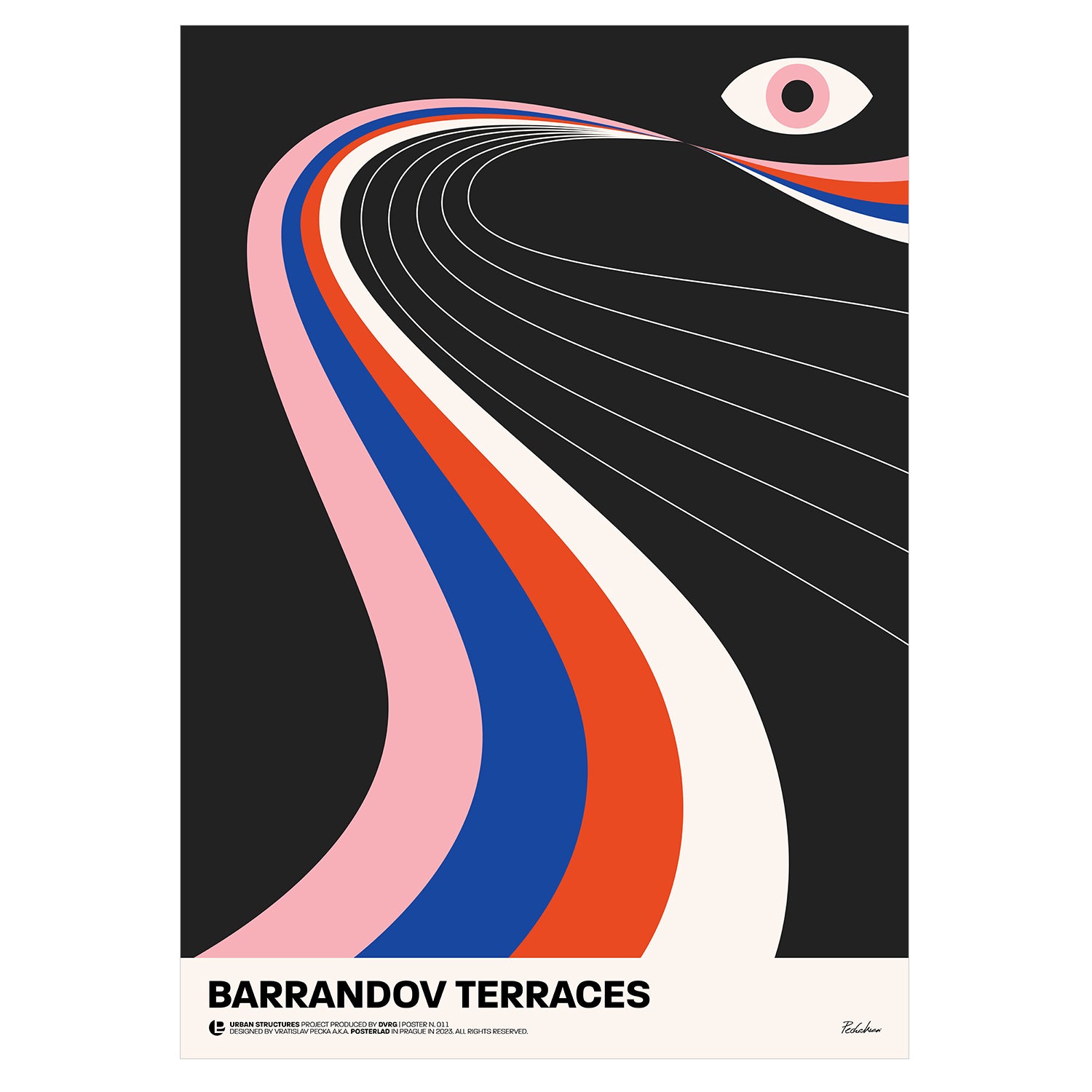 The Barrandov Terraces poster features a vibrant abstract design with flowing, ribbon-like shapes in pink, blue, red, and white on a black background