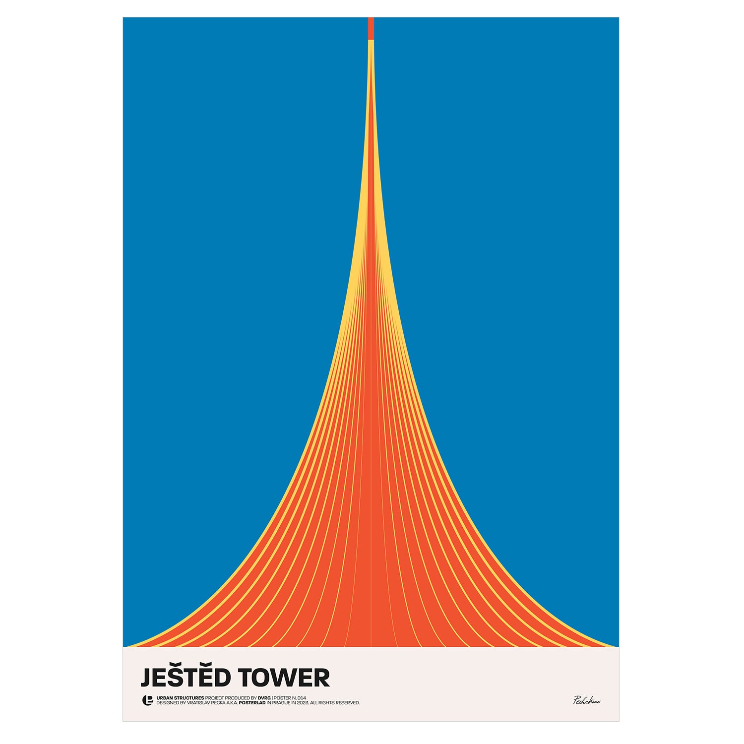 The poster titled Ještěd Tower showcases a bold and minimalist representation of the iconic Czech landmark, featuring a striking triangular form that curves outward at the base, symbolizing the tower's unique architectural silhouette
