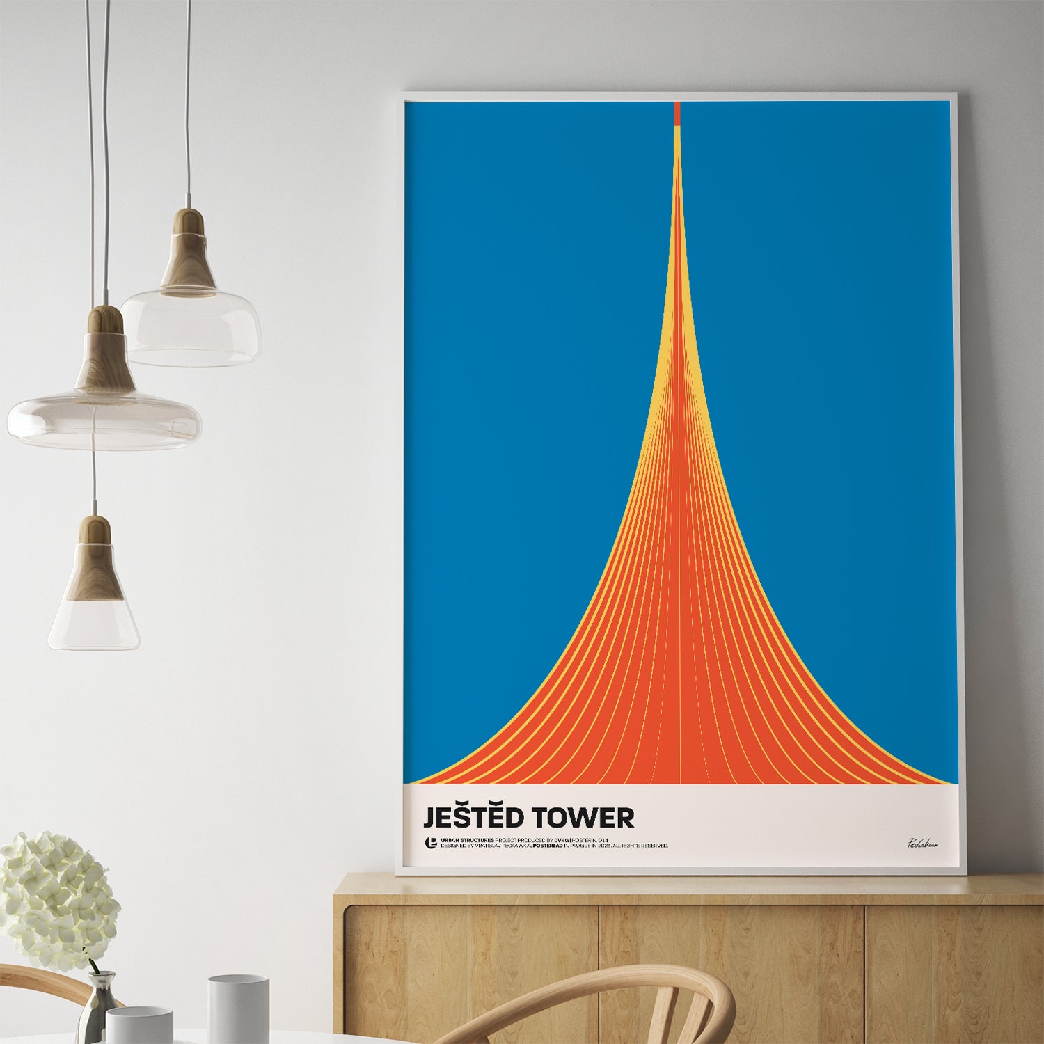 The design features a striking triangular form that curves outward at the base, symbolizing the tower's unique architectural silhouette, depicted in radiant orange and yellow gradient lines that converge at the top, creating a sense of height and elegance