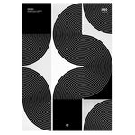 A sophisticated black-and-white poster titled Waves with repeating curved patterns and interconnected semi-circular shapes, creating a ripple-like effect, against a clean and minimalist background