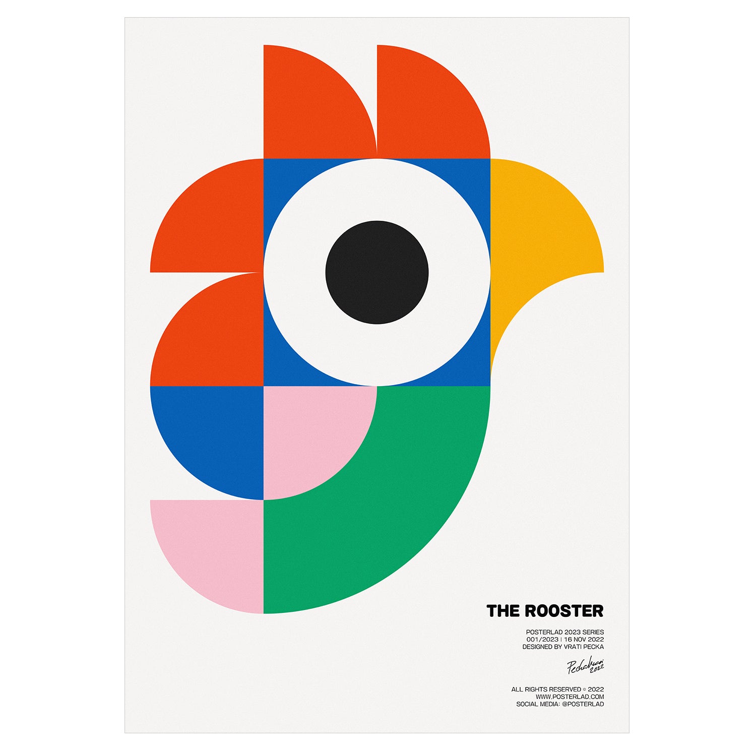 The Rooster poster featuring a bold and vibrant abstract representation of a rooster with sharp lines and geometric forms, creating a sense of movement and energy