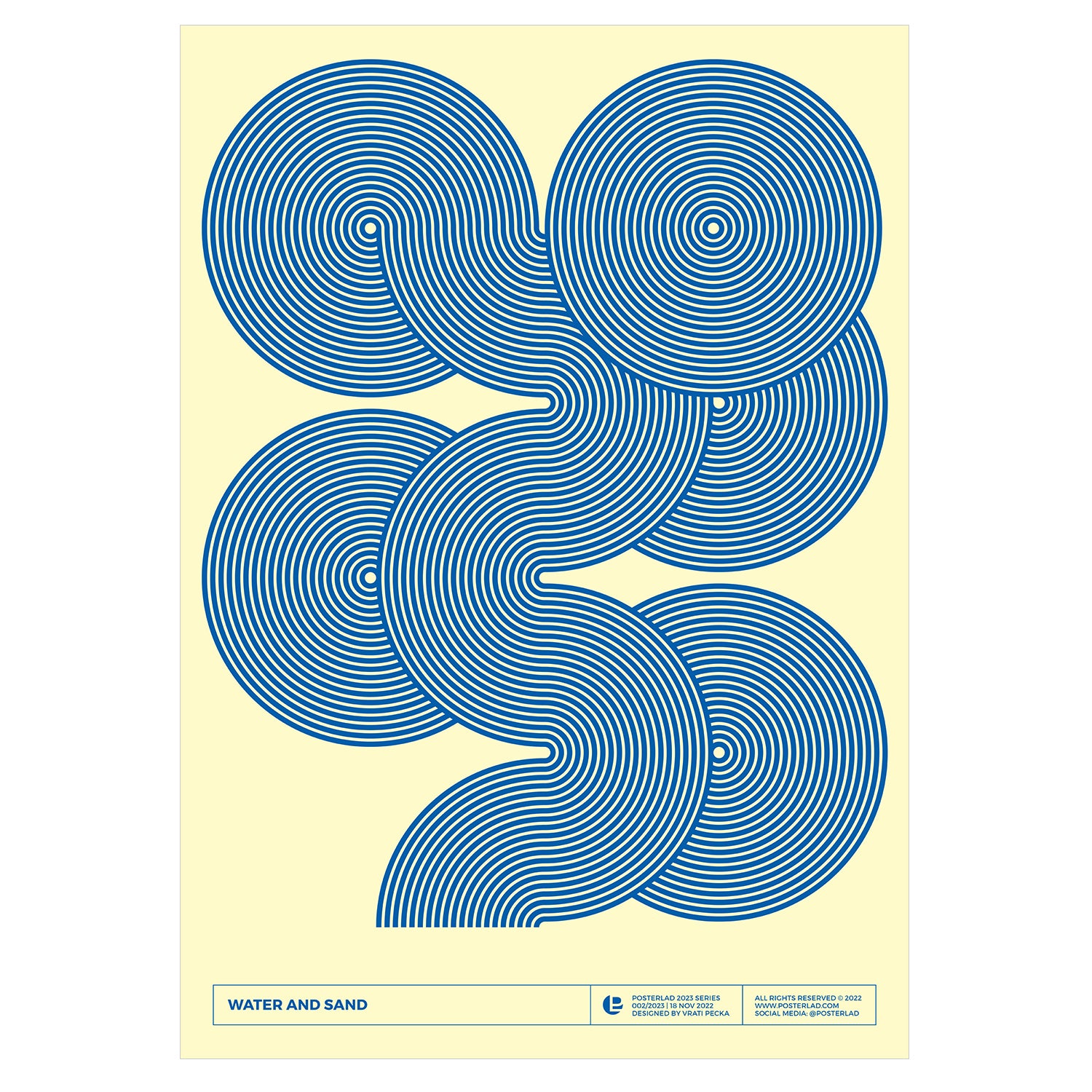 A minimalist and harmonious design of overlapping circular patterns in blue, reminiscent of ripples in water and sand dunes, on a soft beige background, evoking a meditative connection to nature