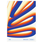 Wave poster with abstract design of ribbon-like form in orange, blue, and white colors, creating a sense of depth and movement