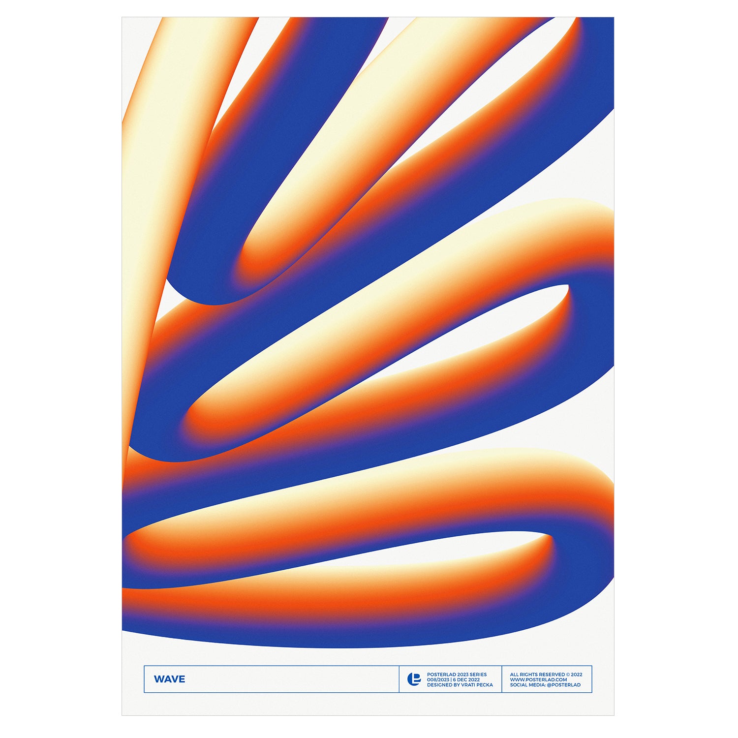 Wave poster with abstract design of ribbon-like form in orange, blue, and white colors, creating a sense of depth and movement