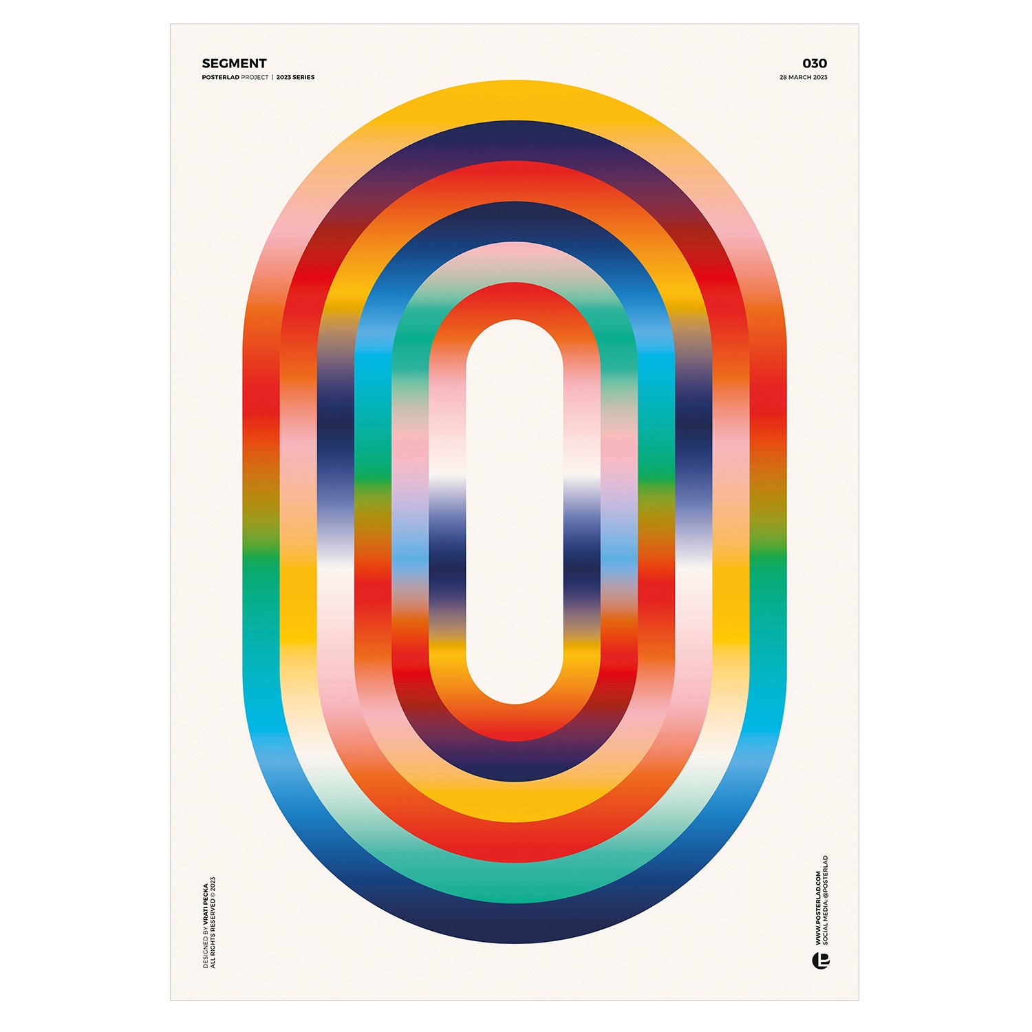 The Segment poster with a striking, oval-shaped design featuring concentric rainbow-colored bands transitioning from vibrant reds, oranges, and yellows to cooler blues, greens, and purples, creating a mesmerizing gradient effect on a clean white background