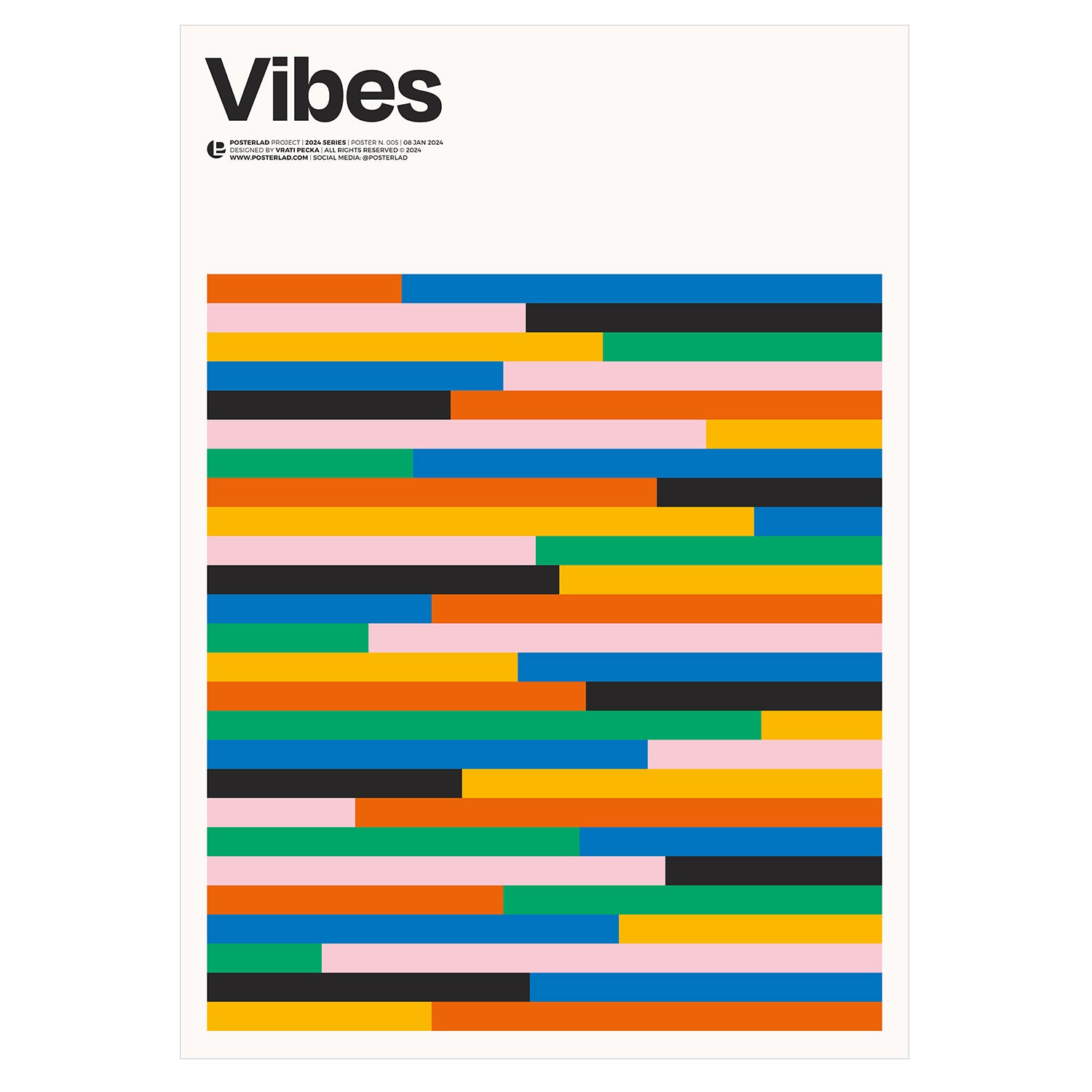 Colorful, minimalist Vibes poster with rhythmic pattern, vibrant stripes, playful and modern design, museum-quality matte paper print