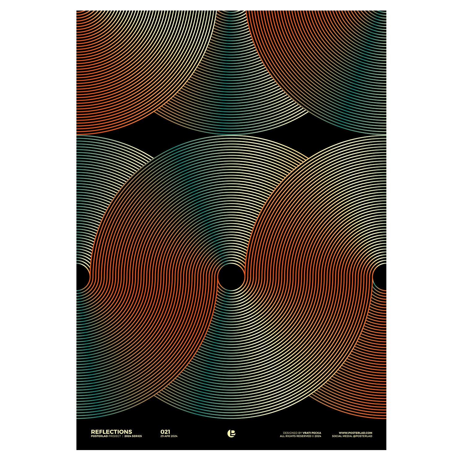Mesmerizing concentric circle poster with warm and cool gradients on a dark background, creating an optical illusion of movement and depth, ideal for modern and minimalist interiors, made on museum-quality thick matte paper with a light noise texture