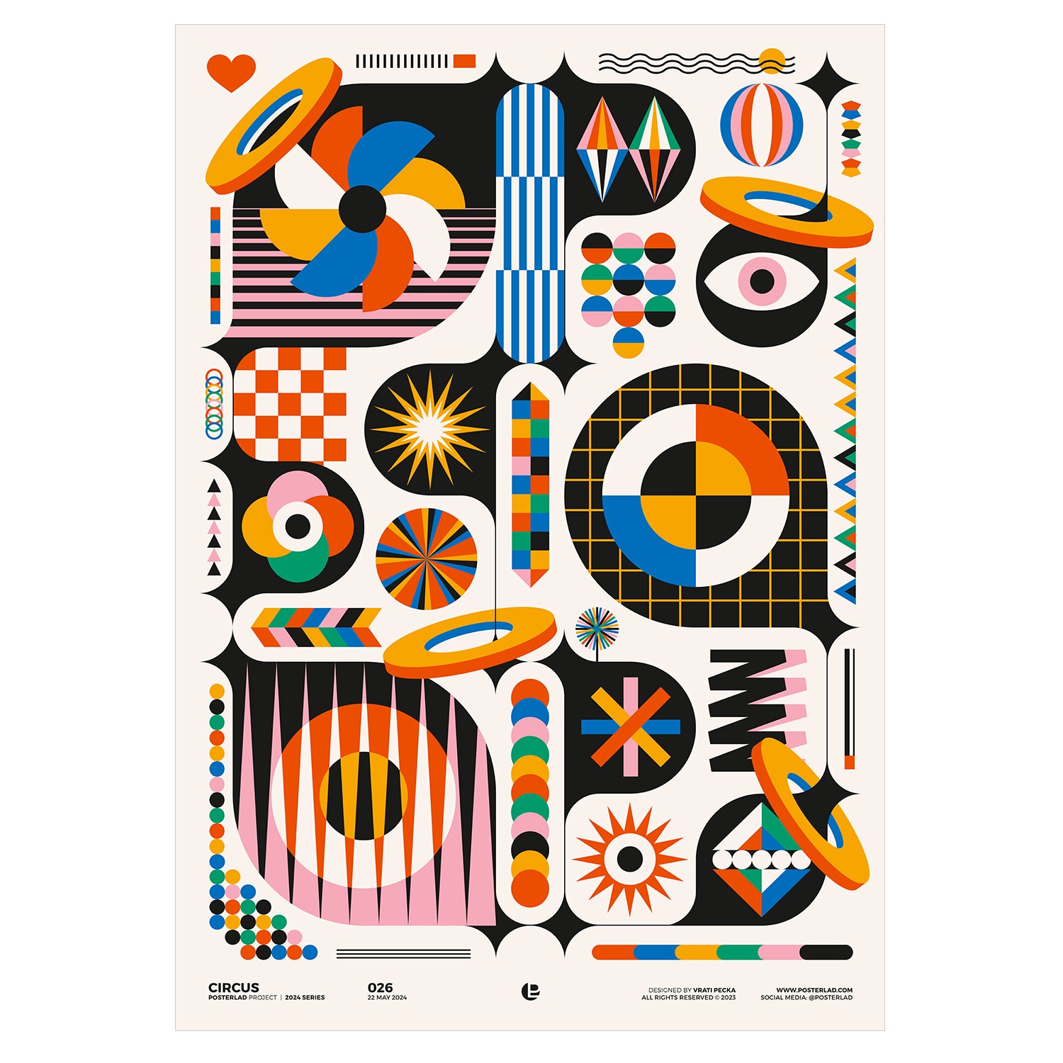 The Circus poster, a lively explosion of geometric shapes and vibrant colors, perfect for adding playfulness to any space