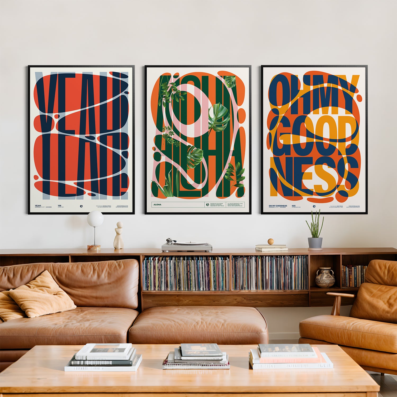 Vibrant ALOHA poster displaying large, stylized uppercase green letters with softer and sharper edges, set against a bright orange striped background, overlaid with realistic tropical leaves like monstera and palm fronds for a fresh, natural aesthetic