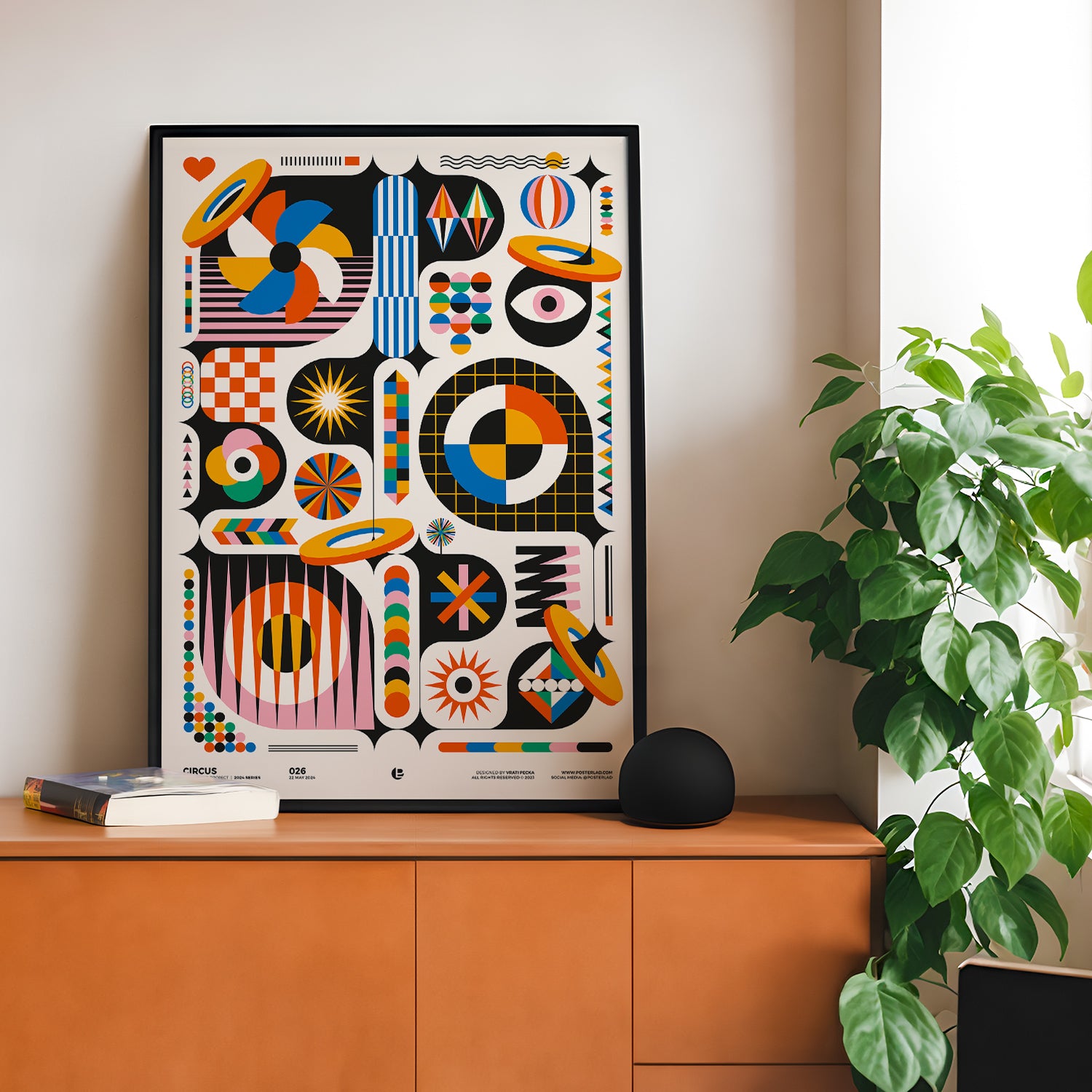 Vibrant Circus poster featuring bold geometric shapes, colorful patterns, and playful abstract motifs