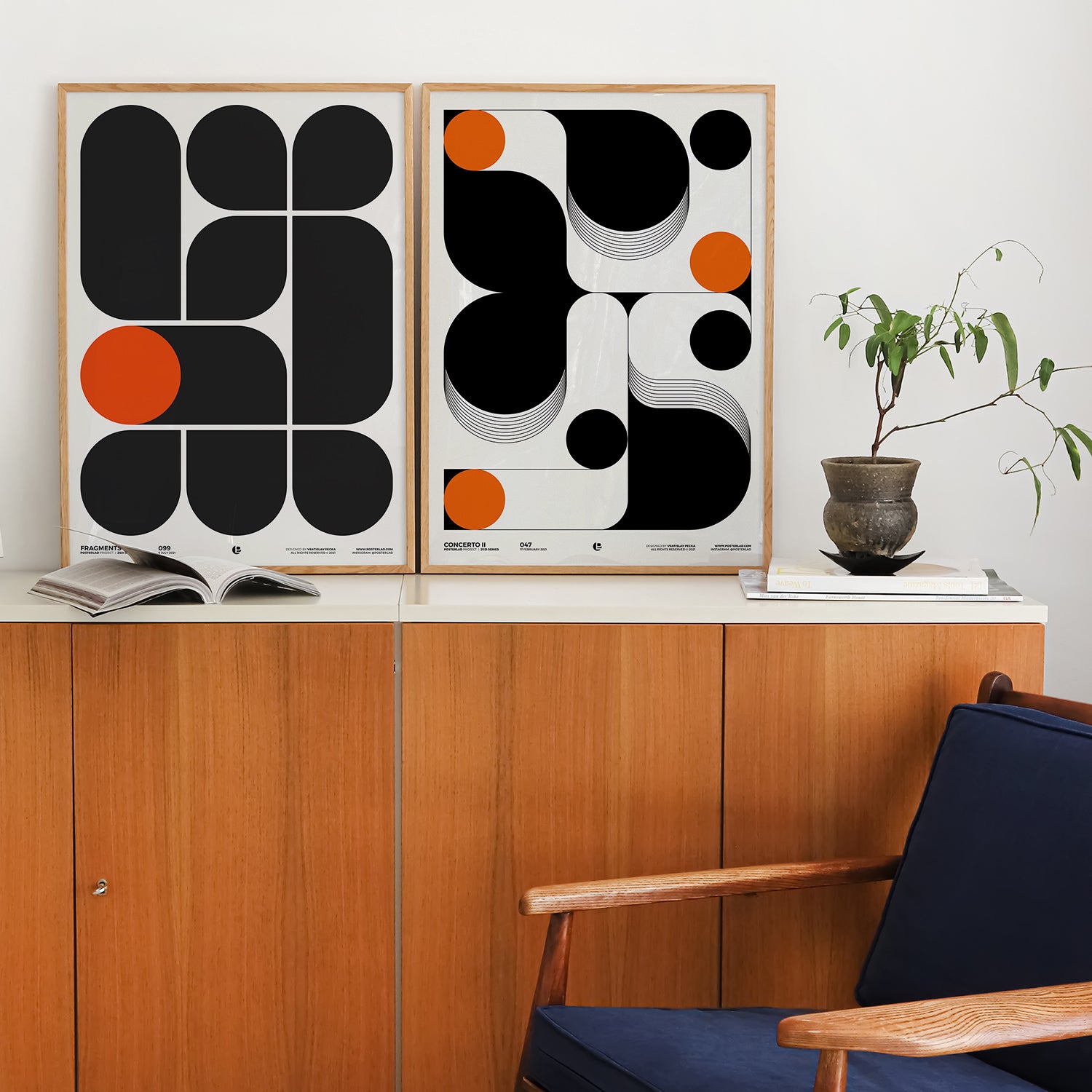 A minimalist print featuring layered black and white shapes with vibrant orange circles and rhythmic, harmonious design