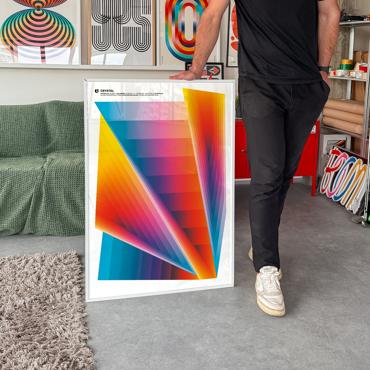 Vibrant prismatic Crystal poster featuring overlapping geometric shapes with luminous gradient colors