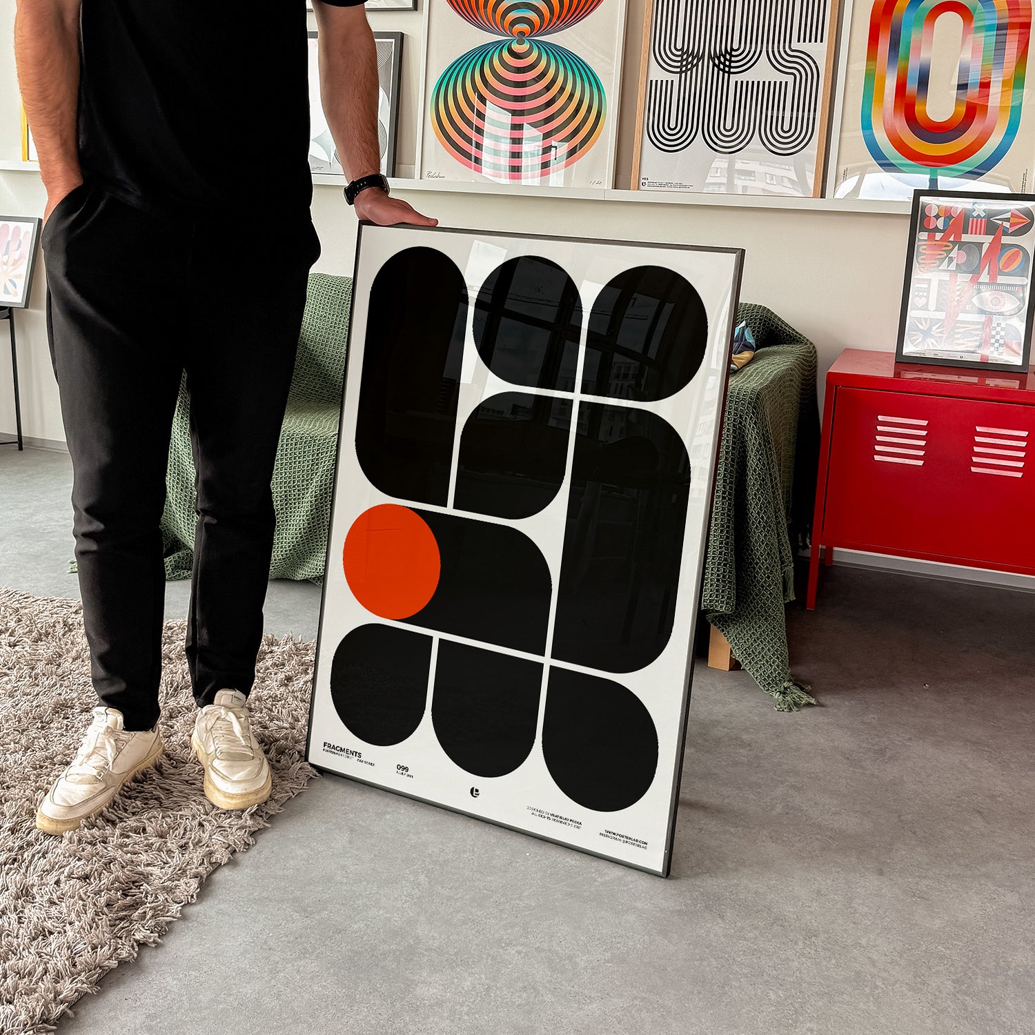 Bold minimalist poster featuring geometric shapes with rounded edges arranged in a structured grid pattern, showcasing a warm orange circle that symbolizes balance and focus amidst abstract architecture, perfect for contemporary interior decor