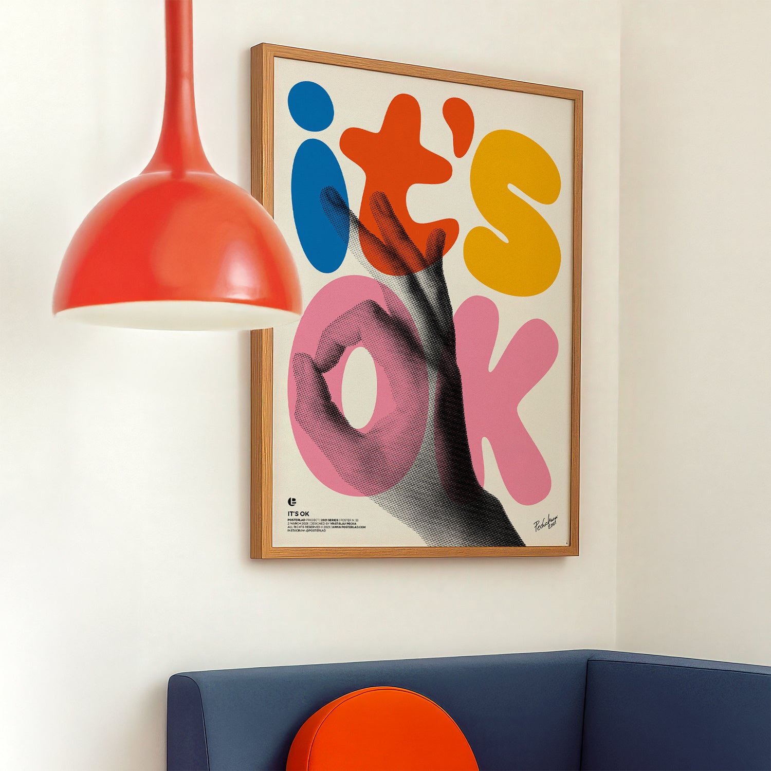 A vibrant poster with bold, playful it's OK lettering in colorful typography and a monochromatic hand design