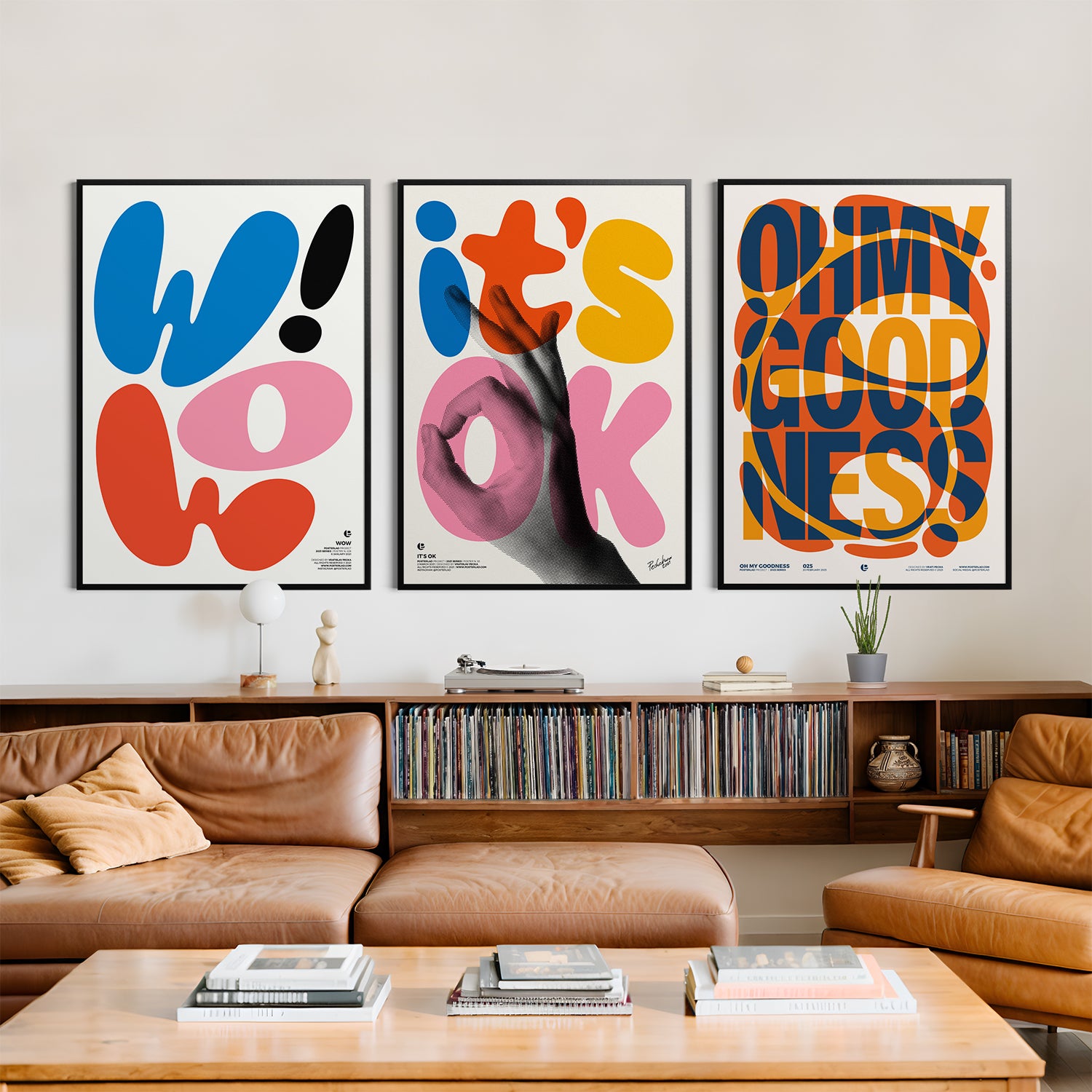 Modern art print featuring cheerful, rounded typography with the message it's OK and a contrasting hand illustration on durable matte paper
