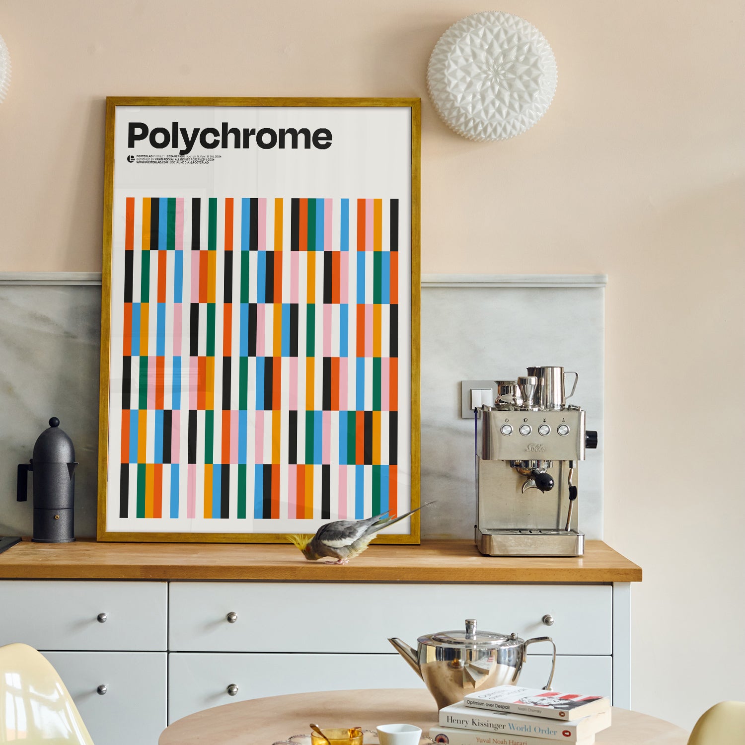 Vibrant vertical striped poster titled Polychrome with colorful segments on a white background