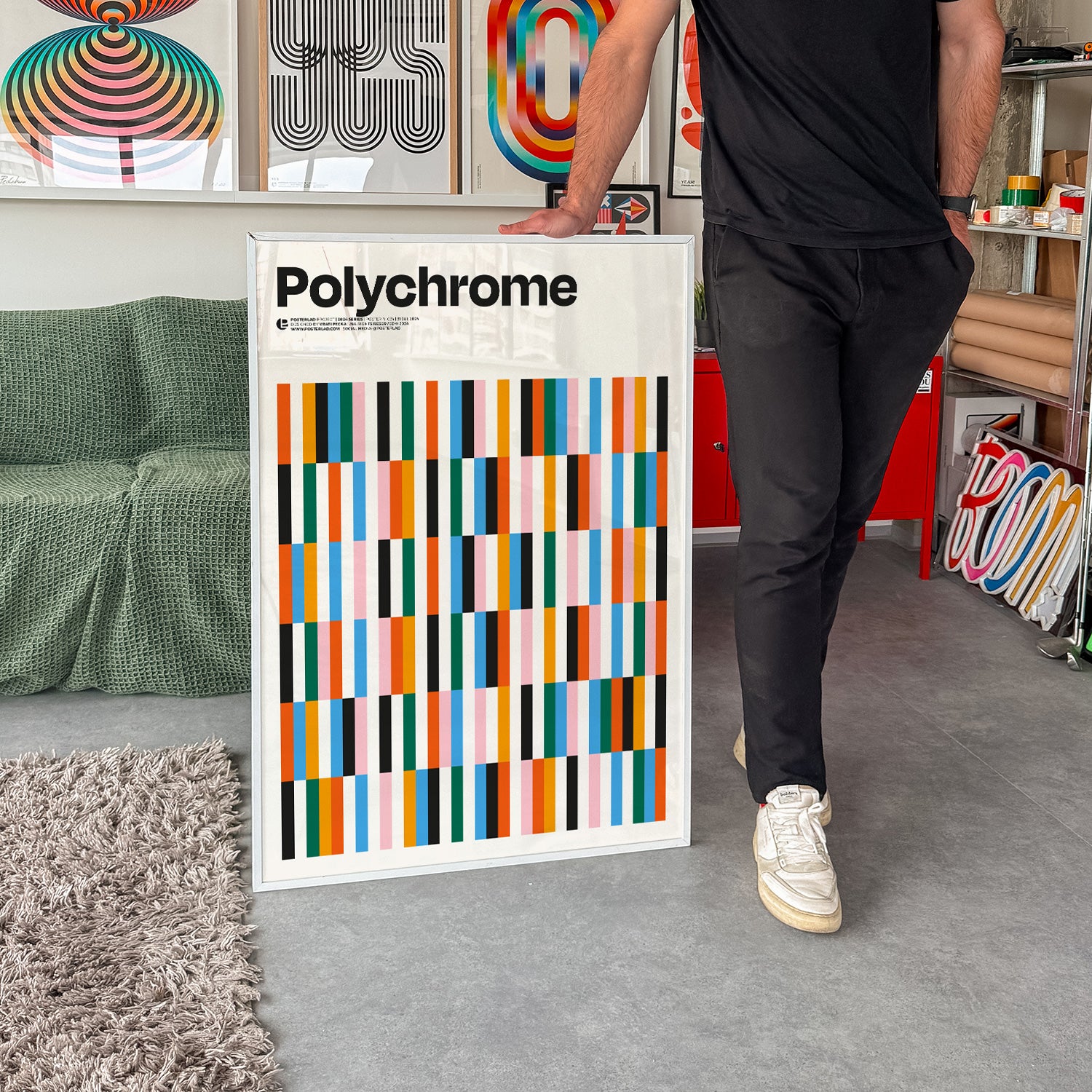 Cheerful and dynamic Polychrome poster showcasing rhythmic, colorful vertical stripes in a structured yet playful design