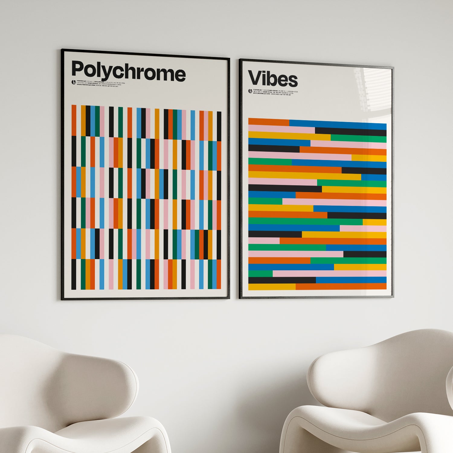 Modern art print featuring a lively grid of bold, colorful vertical stripes on a clean white backdrop