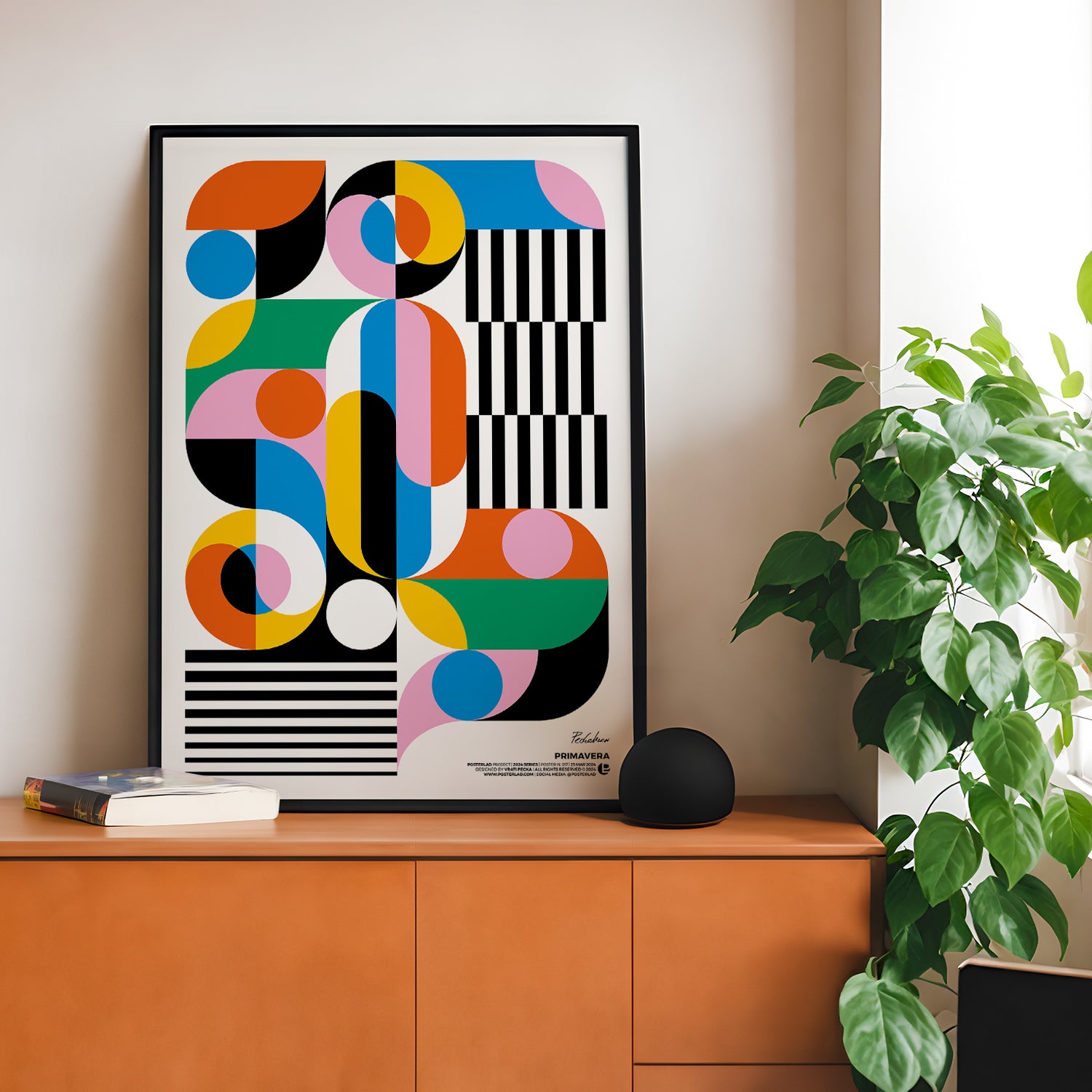 Vibrant Primavera poster featuring colorful geometric shapes, overlapping semicircles and rectangles with black and white striped accents