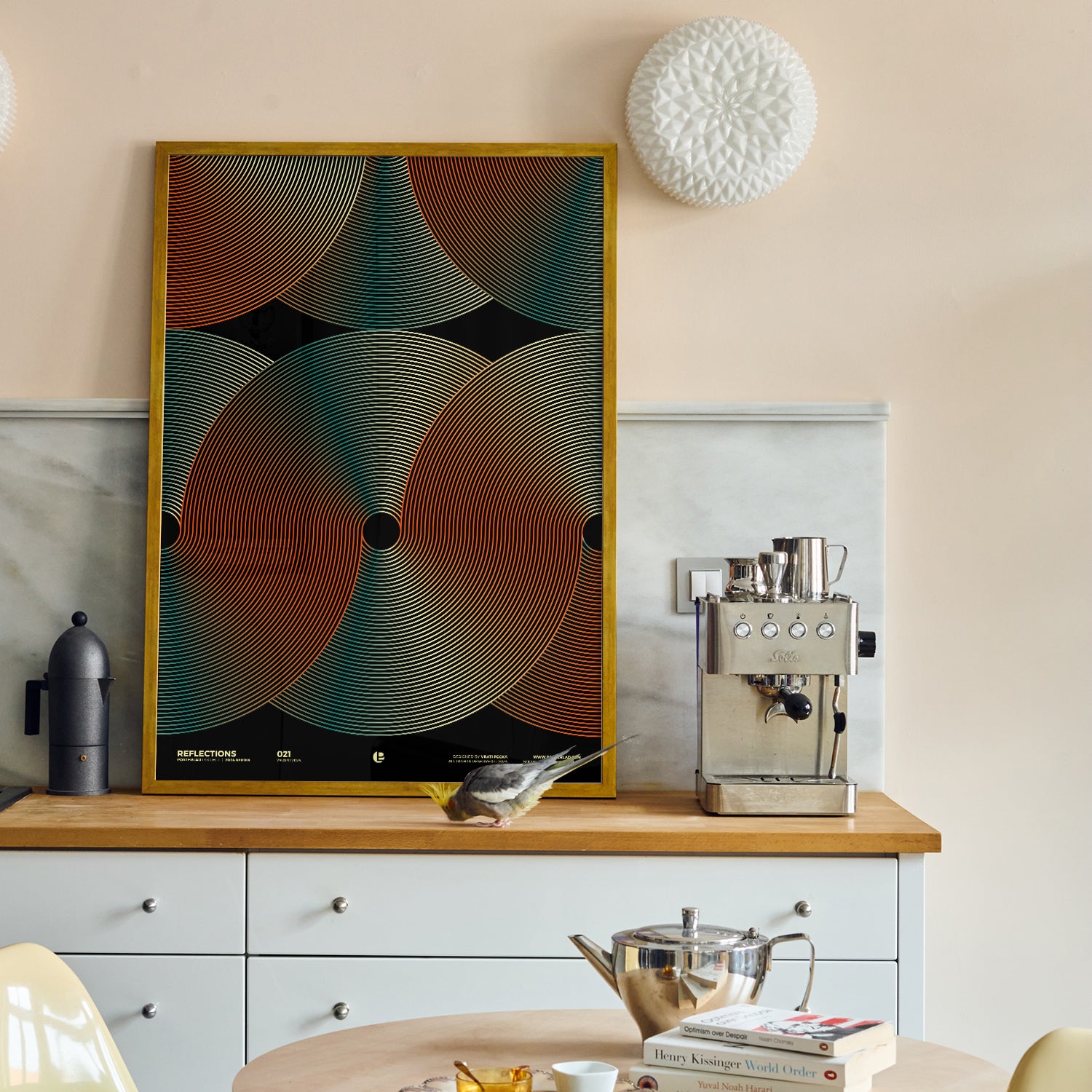 Mesmerizing poster featuring concentric circles with shifting warm and cool gradients on a dark background
