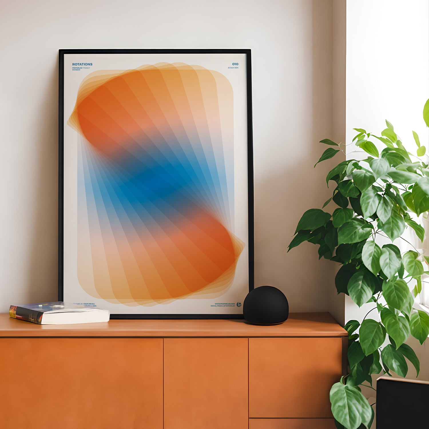 Mesmerizing abstract poster Rotations featuring overlapping translucent shapes with vibrant orange to blue gradients