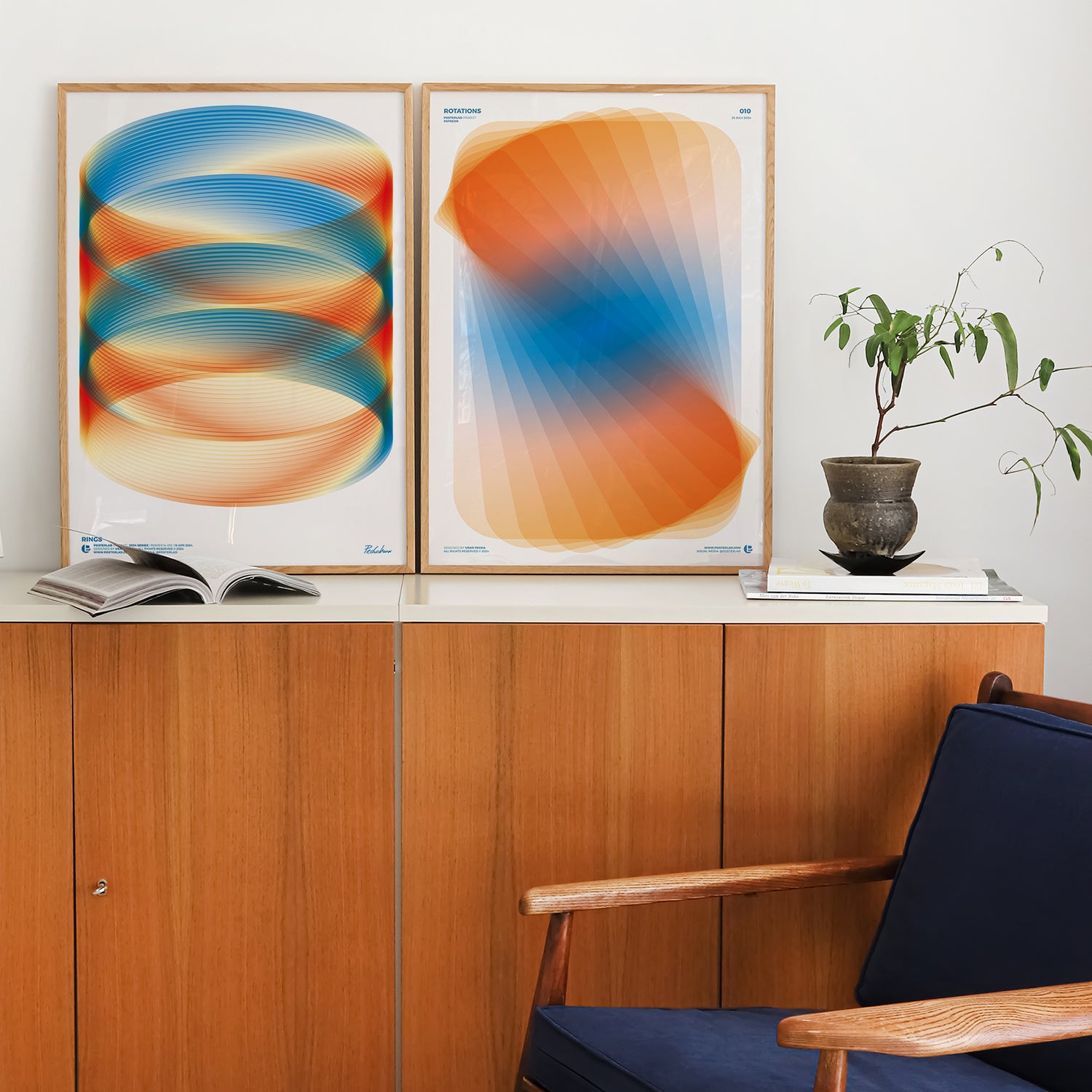 Modern Rotations art print showcasing symmetrical, layered shapes with smooth color transitions and a dynamic sense of motion