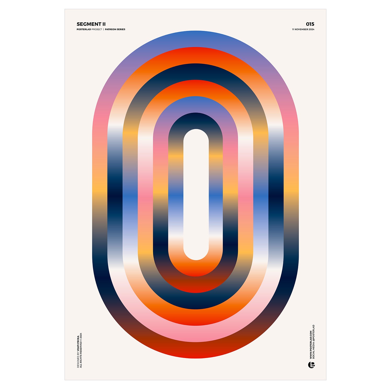 Vibrant and mesmerizing oval-shaped poster design with a gradient of warm oranges, pinks, and yellows transitioning to cooler blues and purples, creating a modern, bold, and visually captivating three-dimensional appearance on a clean white background, perfect for adding a wonderful accent to any room or office environment