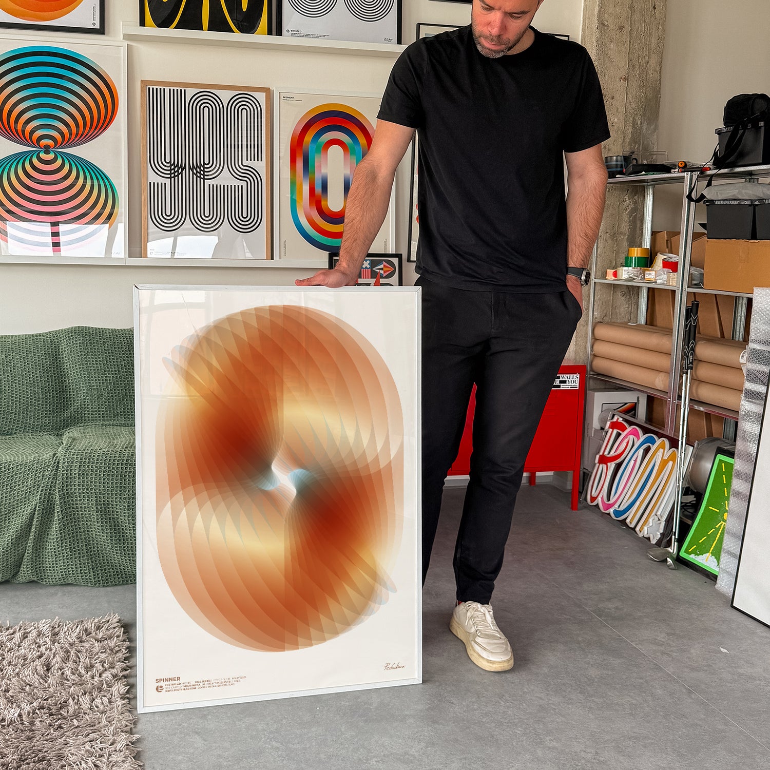 A museum-quality poster of a Spinner featuring thick matte paper, 026 mm thickness, 189 g/m² weight, 94% opacity, 104% ISO brightness, sourced from Japan, ideal for decorating rooms and offices