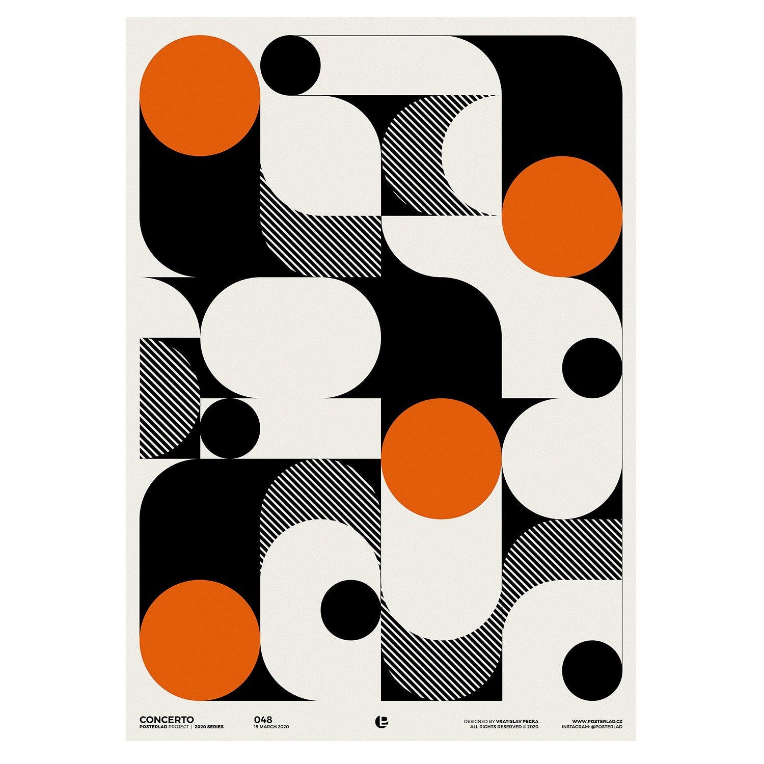 Abstract black and white geometric design with vibrant orange circles