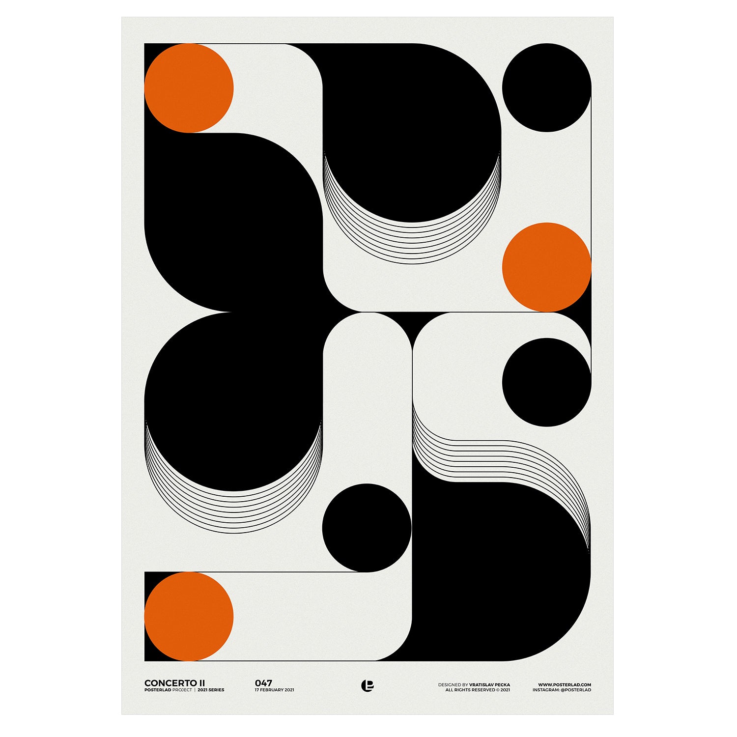 A bold and abstract composition of black and white geometric shapes with vibrant orange accents, creating a harmonious and rhythmic visual effect