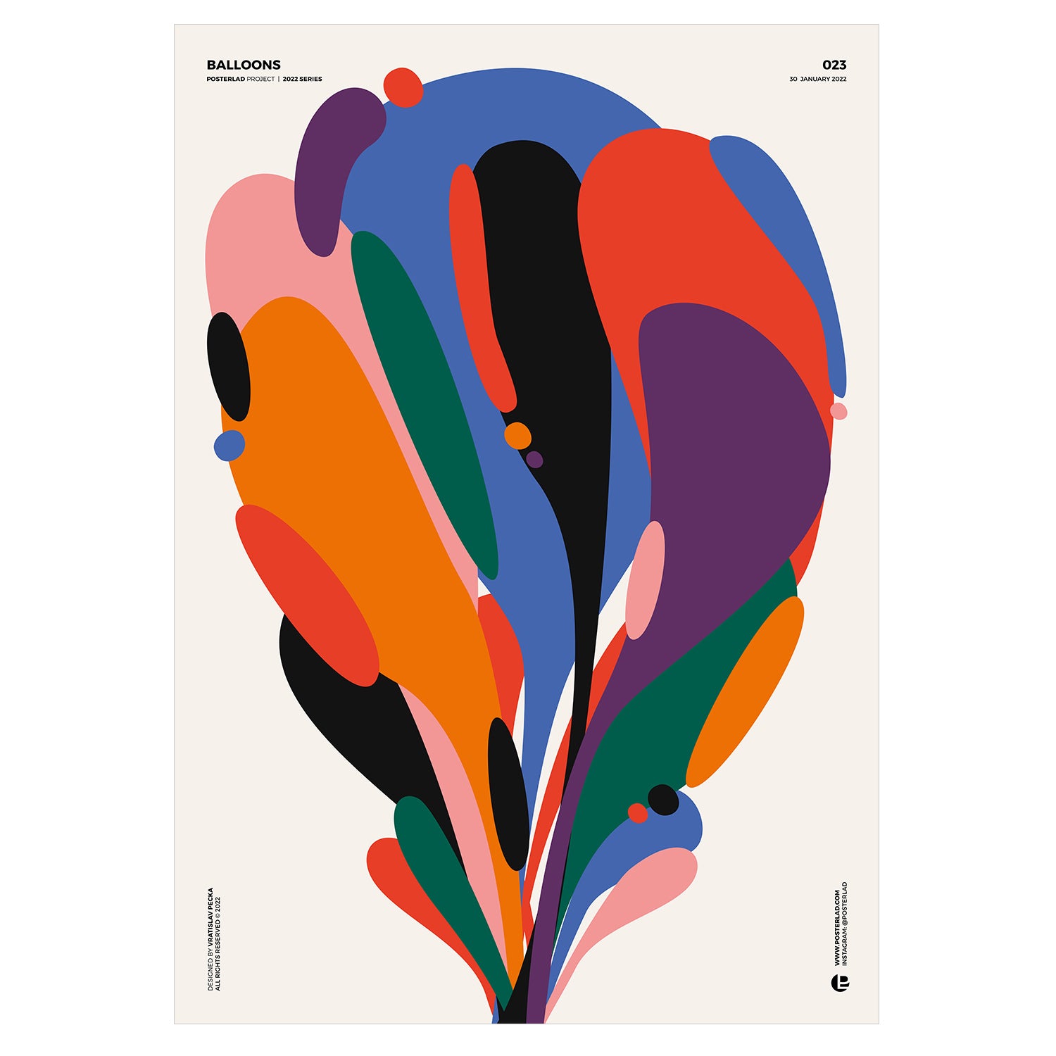 Abstract balloon bouquet in vibrant colors rising against a light background