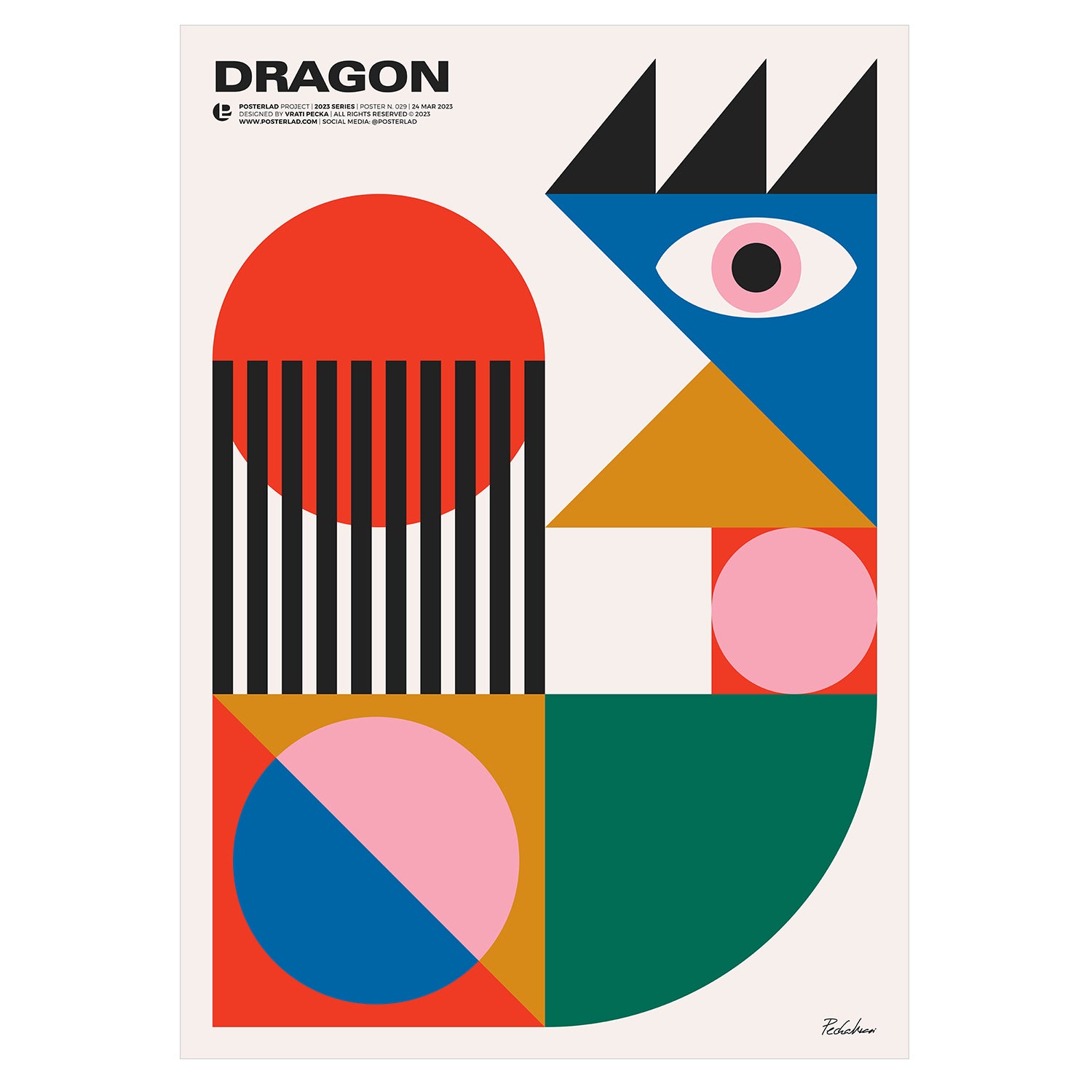 Dragon poster with bold and playful geometric composition evoking abstract form of mythical creature