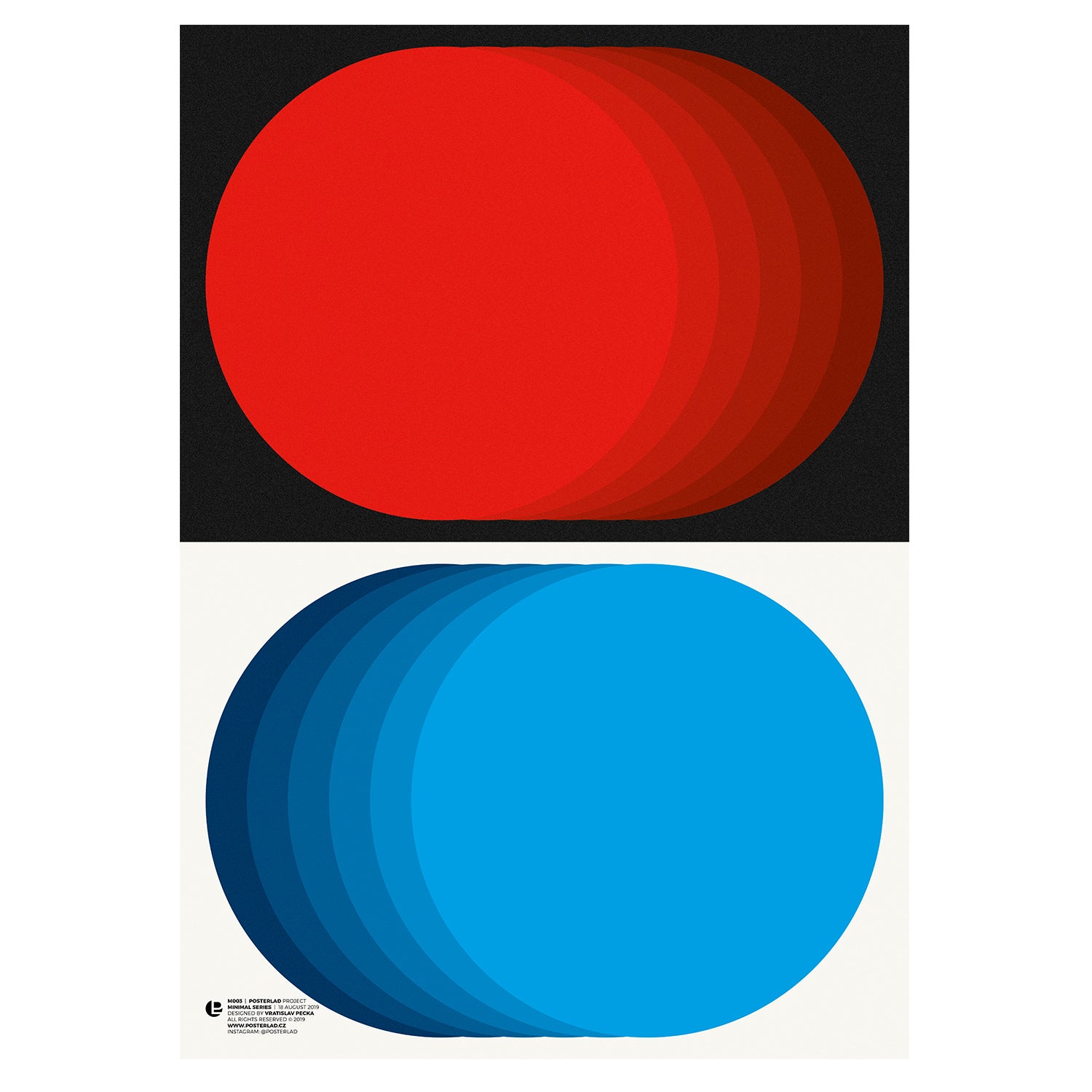 The m003 poster featuring a deep red circular form on black background, with tonal gradients creating depth and movement