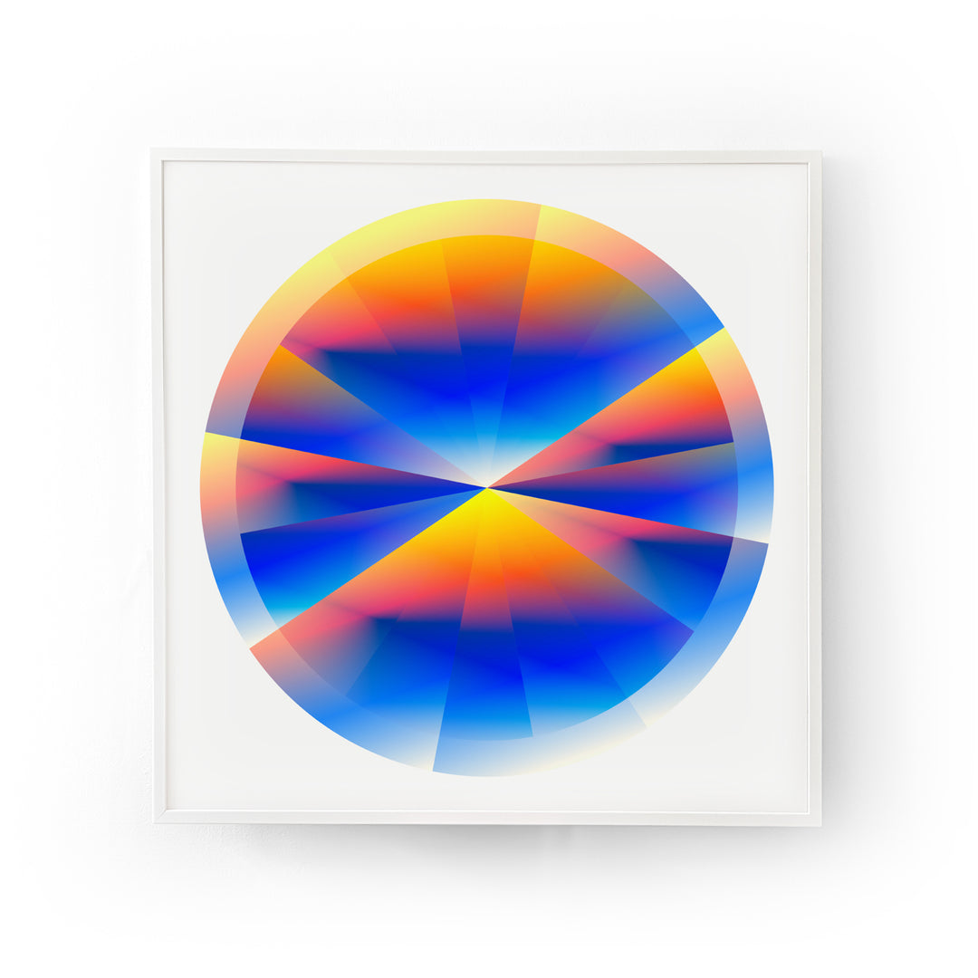 Colorful lenticular print titled Opal in white wooden frame showcasing spinning shapes inside a central sphere