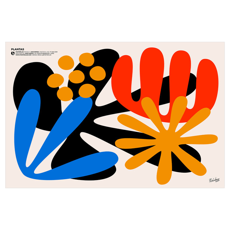 Vibrant, playful poster featuring organic, plant-like shapes in bold colors