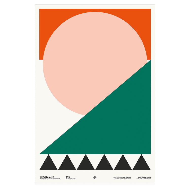 A minimalist geometric woodland poster with warm orange and forest green colors evoking a sense of calm and balance