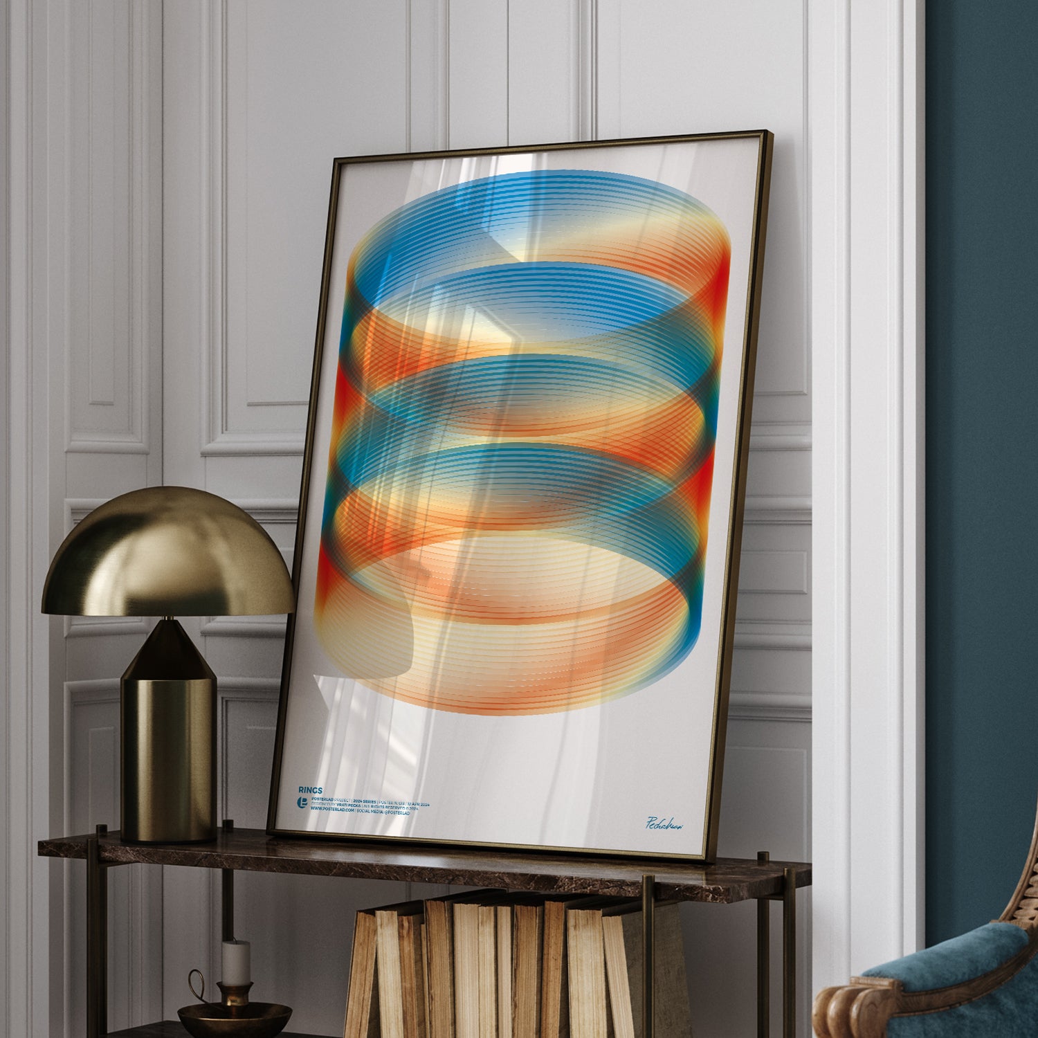 Mesmerizing cylindrical design of overlapping rings in shades of blue, orange, and yellow