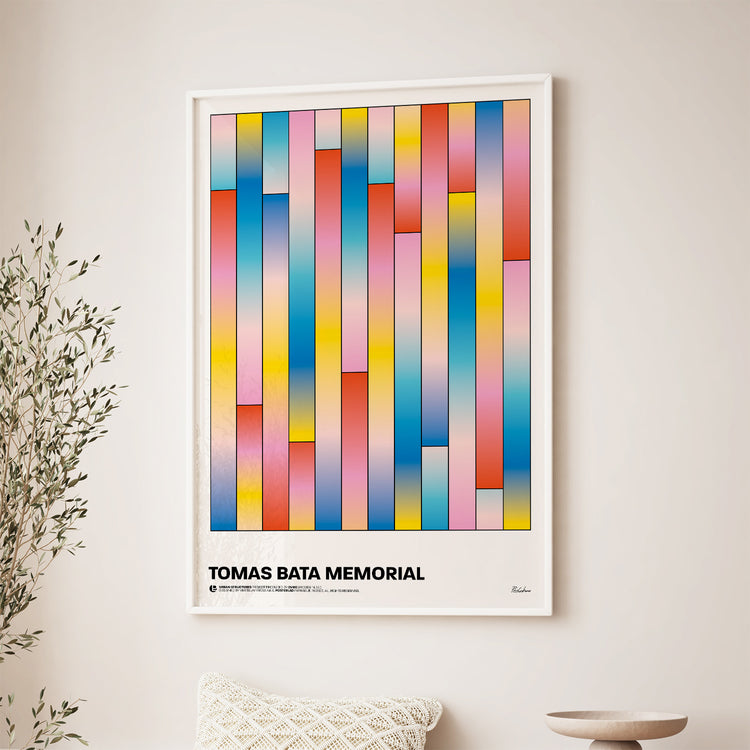 Poster depicting clean lines and geometric shapes reflecting functionalist architectural style of the Tomas Bata Memorial