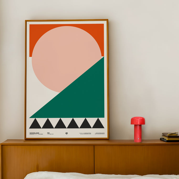 Abstract woodland poster with bold geometric shapes and color blocks, representing nature's simplicity and beauty