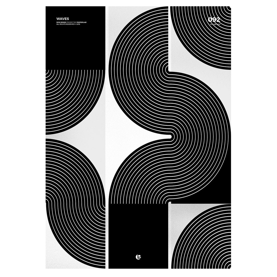 A sophisticated black-and-white poster titled Waves with repeating curved patterns and interconnected semi-circular shapes, creating a ripple-like effect, against a clean and minimalist background