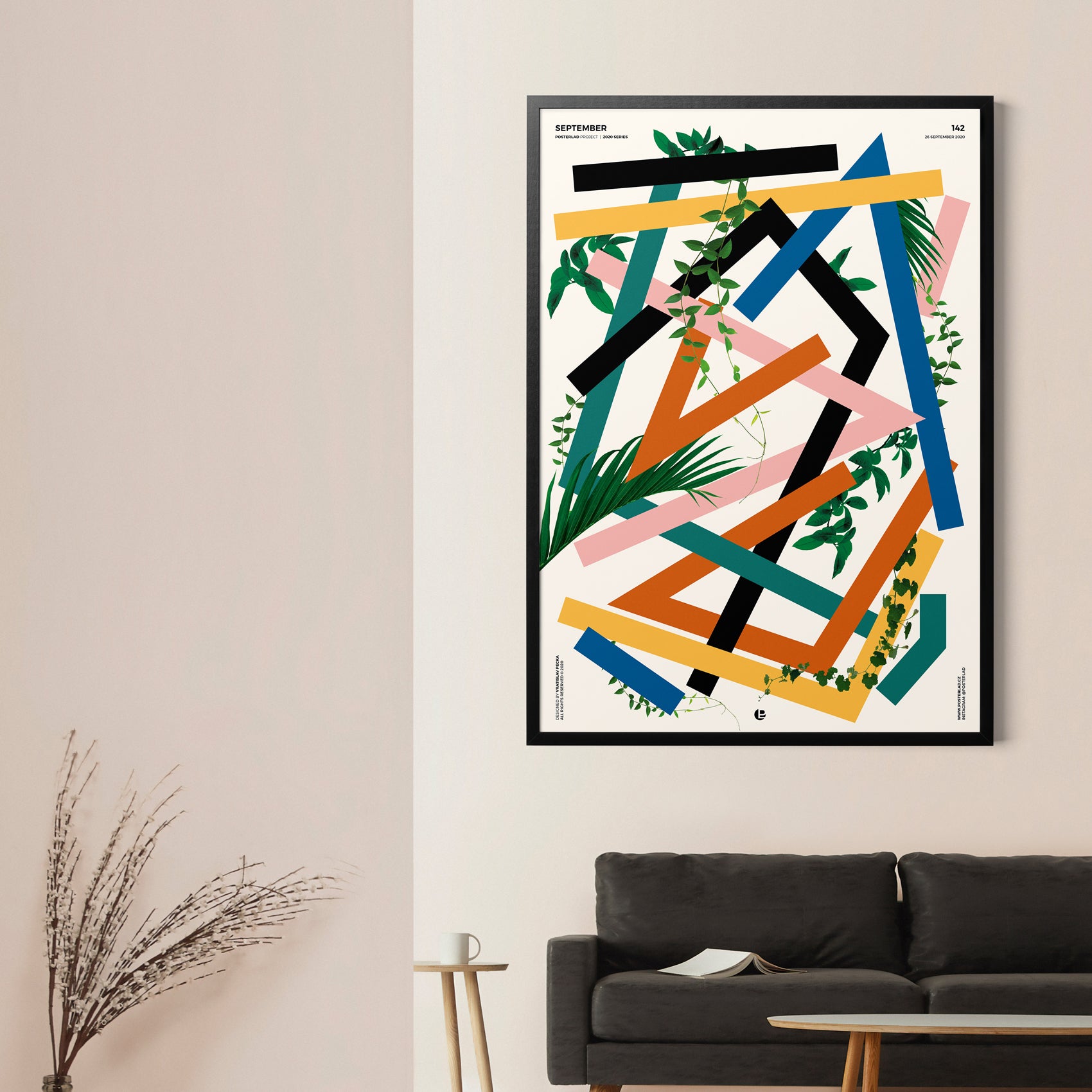 Abstract composition of colorful rectangles interwoven with delicate green plant illustrations