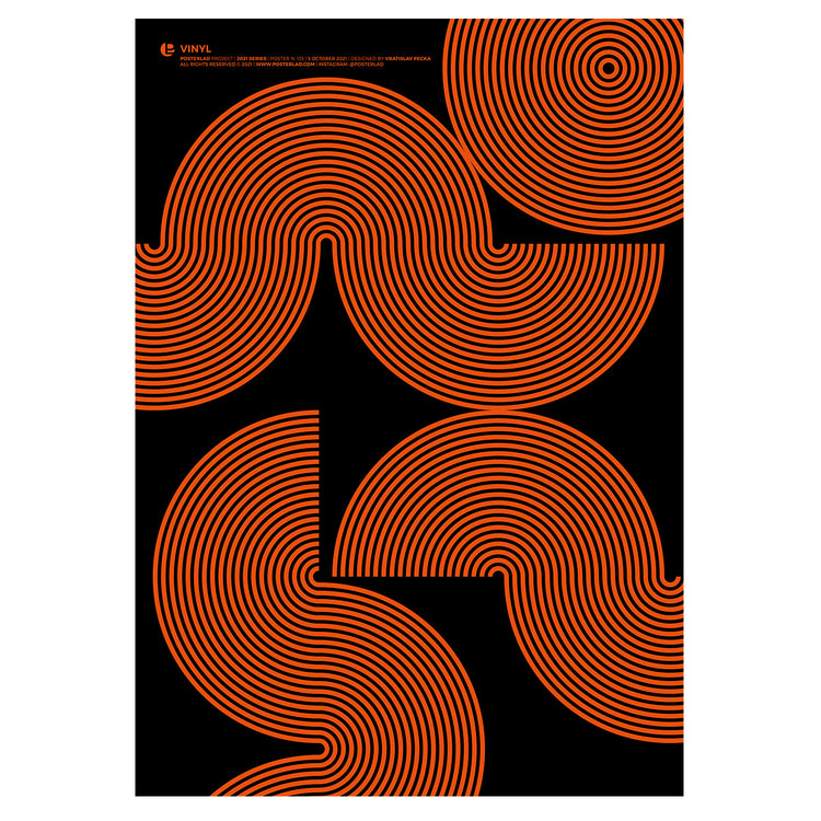 A vibrant and dynamic poster titled Vinyl featuring bold concentric orange patterns resembling vinyl records against a deep black background, evoking a retro and modern aesthetic with a sense of rhythm and movement