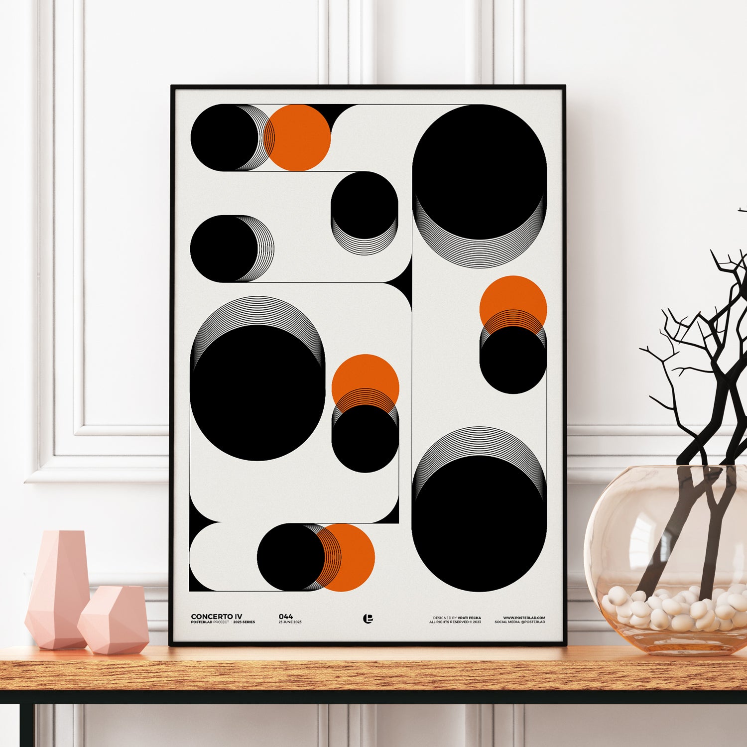 Vivid orange geometric shapes against a neutral background in Concerto IV print