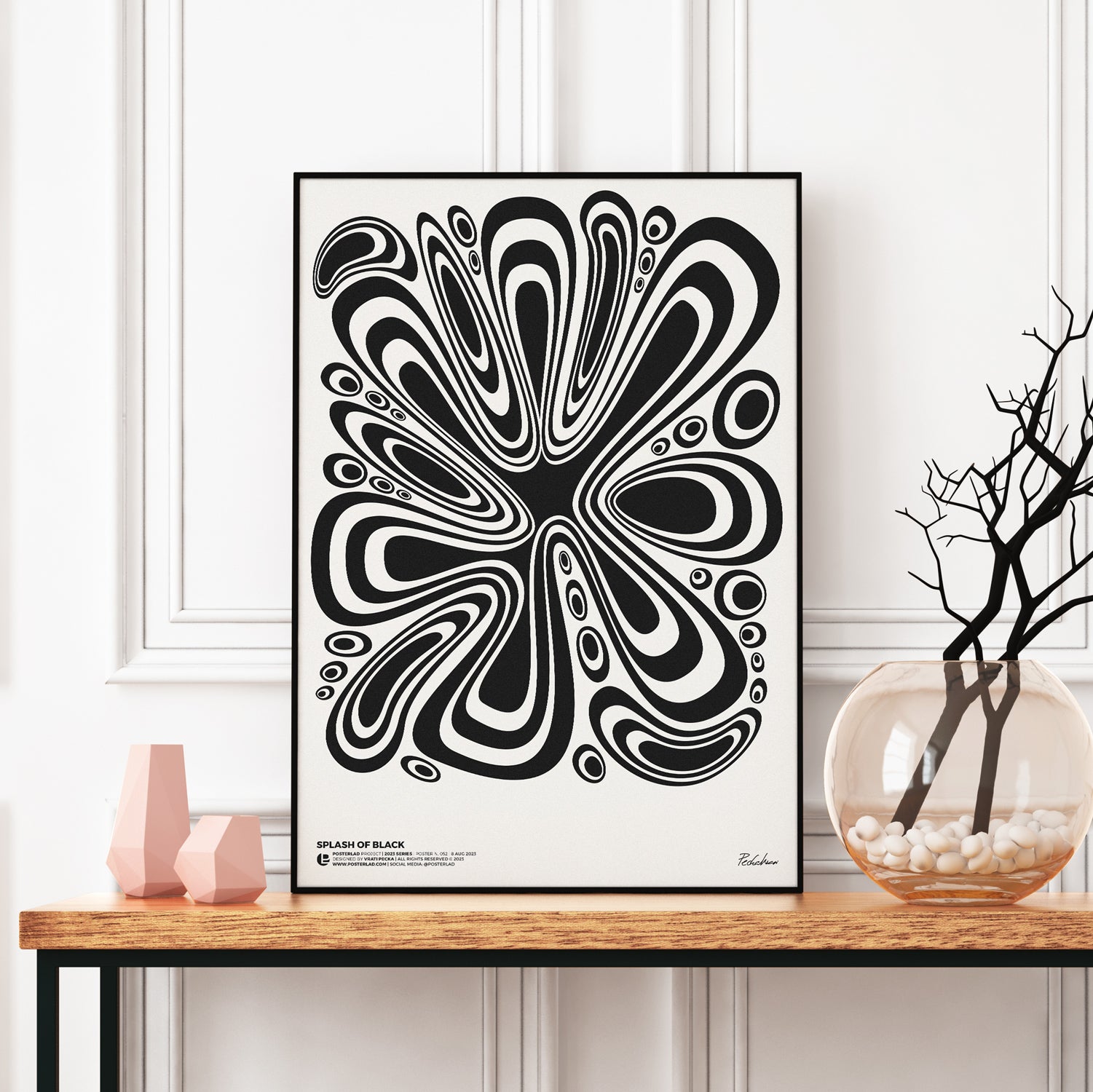 Modern and visually striking poster with chaotic yet harmonious energy capturing the motion of liquid black ink expanding
