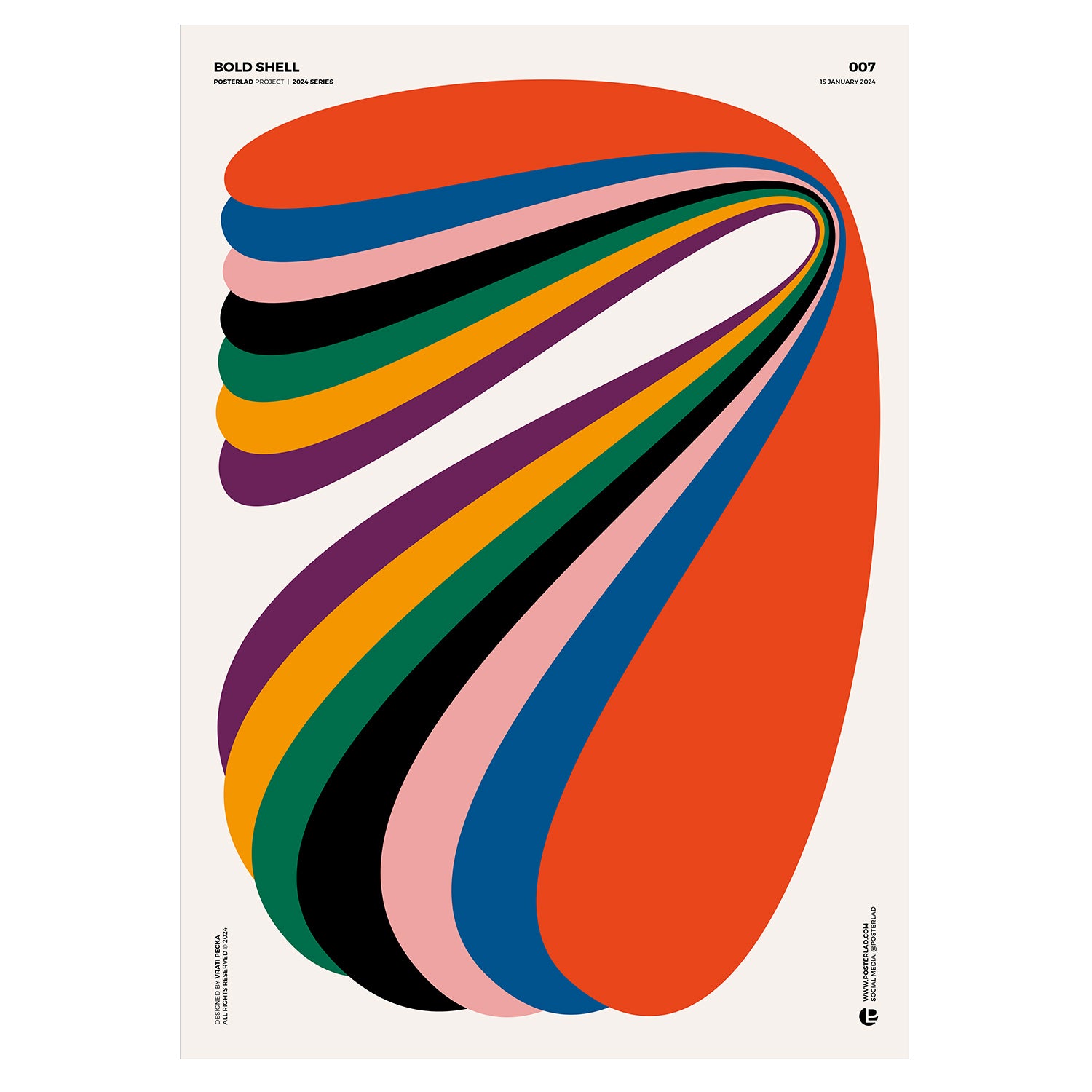 A vibrant orange abstract design of a stylized seashell or wave