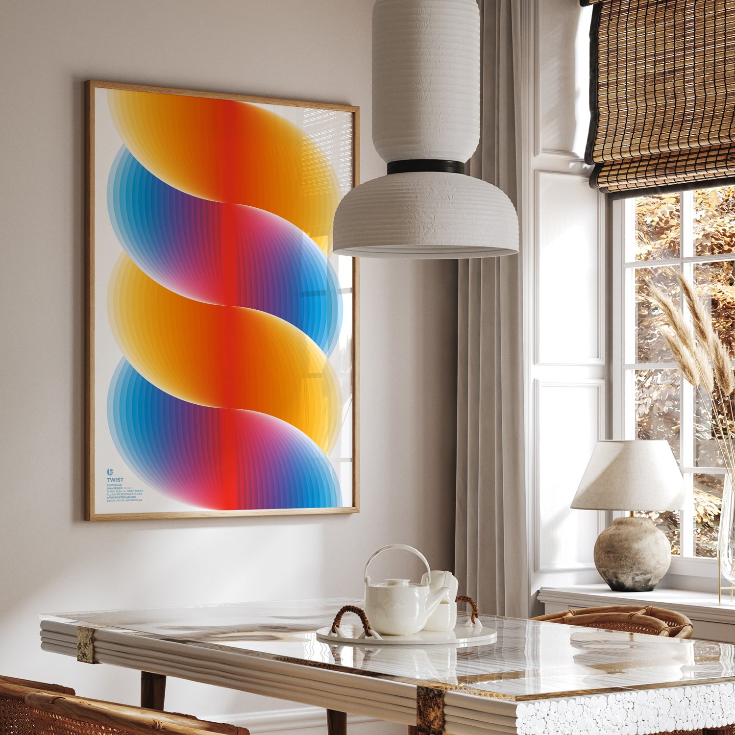 Symmetry and movement evoke a sense of energy and flow, making it a captivating piece