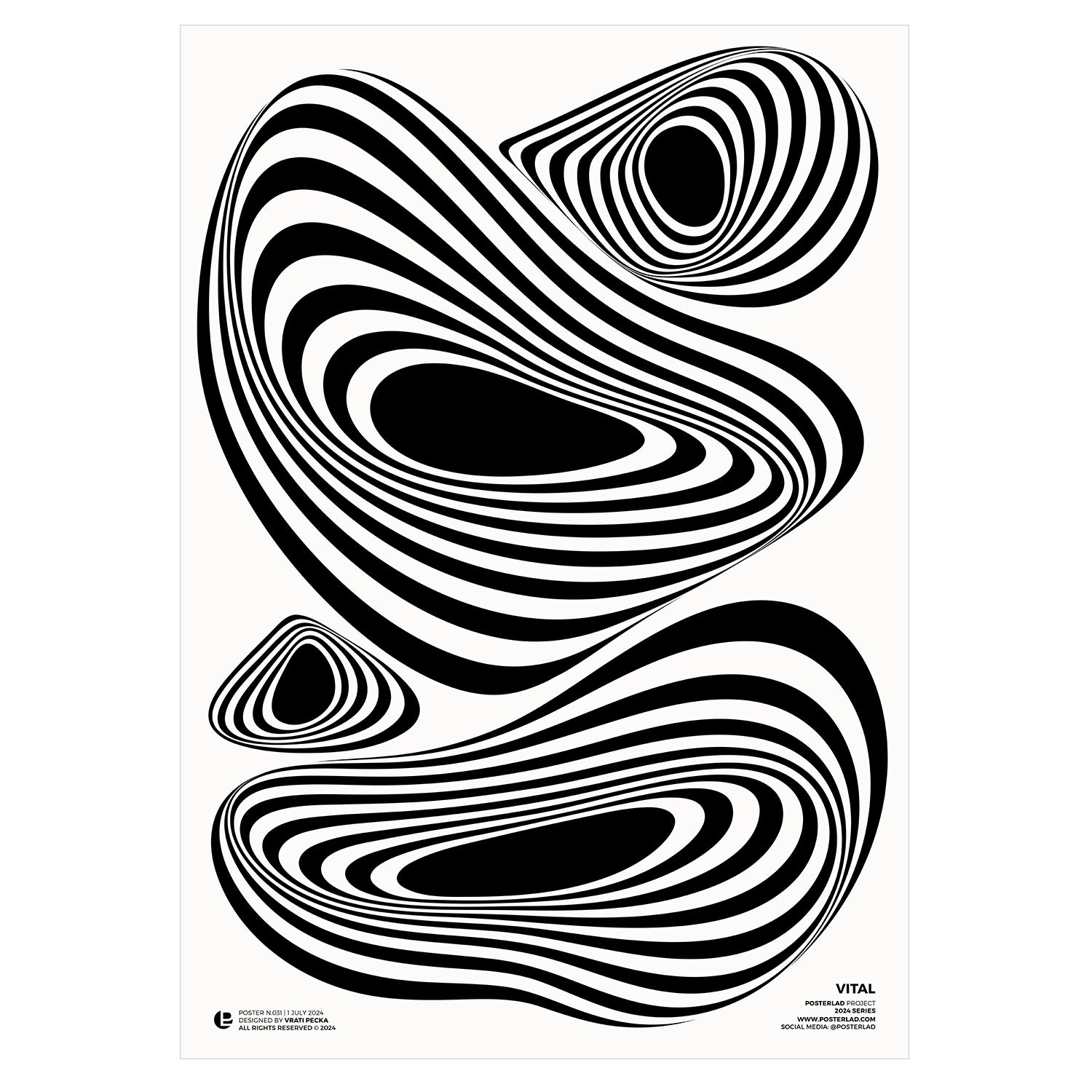 Abstract black and white poster design titled Vital with organic shapes and concentric stripes, creating a sense of vitality and dynamism, evoking energy and motion, perfect for adding a striking accent to any room or office